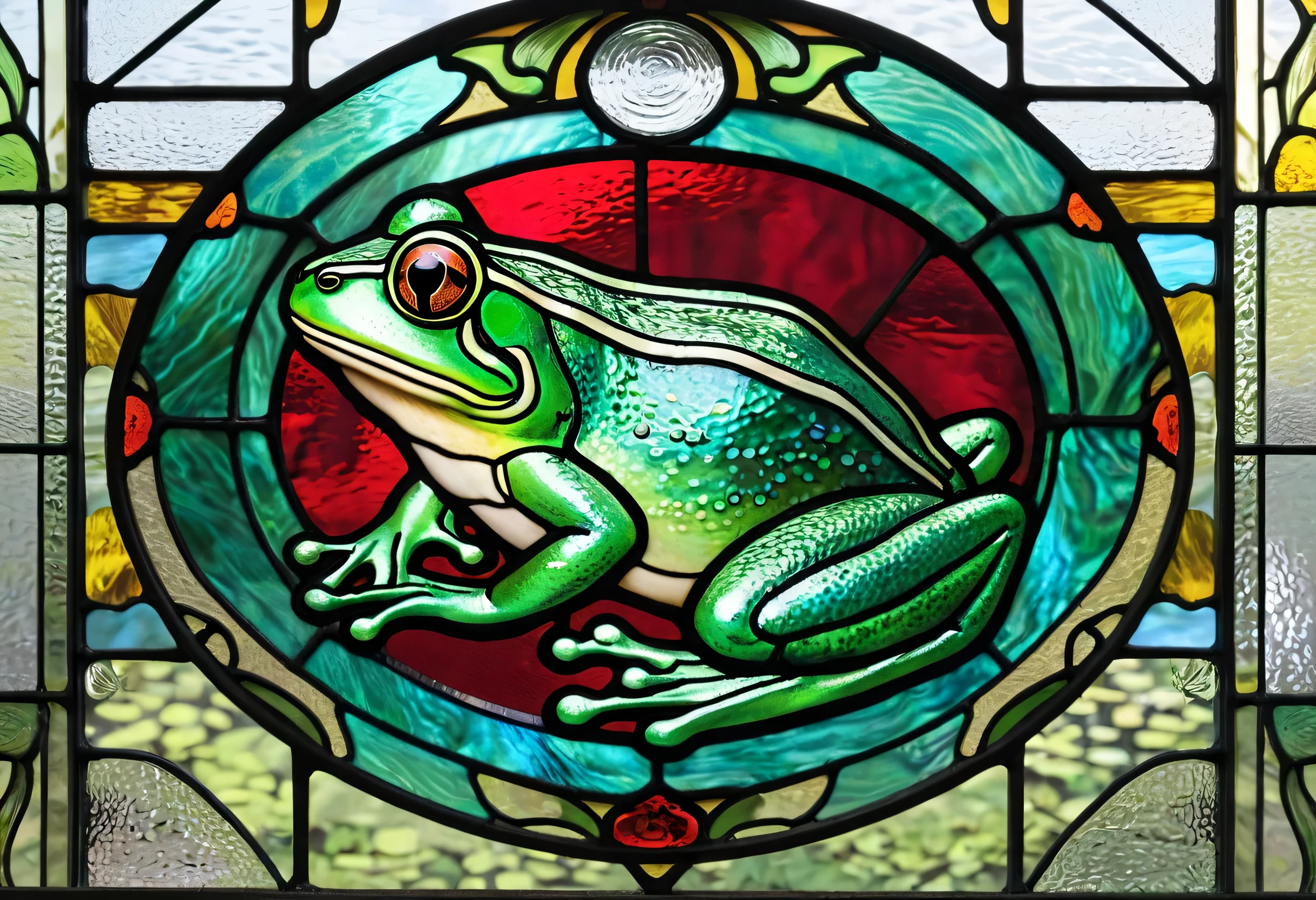 a close up of a stained glass window with a Frog on it, Pascal Blanchet , behance contest winner, art nouveau, stained glass art, stained glass style, stained glass , maxim verehin stained glass , stained glass , Frog, stained glass !!, psychedelic Frog, Frog themed, stained glass window, green stained glass , Highly Detailed Toad 、Exquisite composition、Exquisite composition