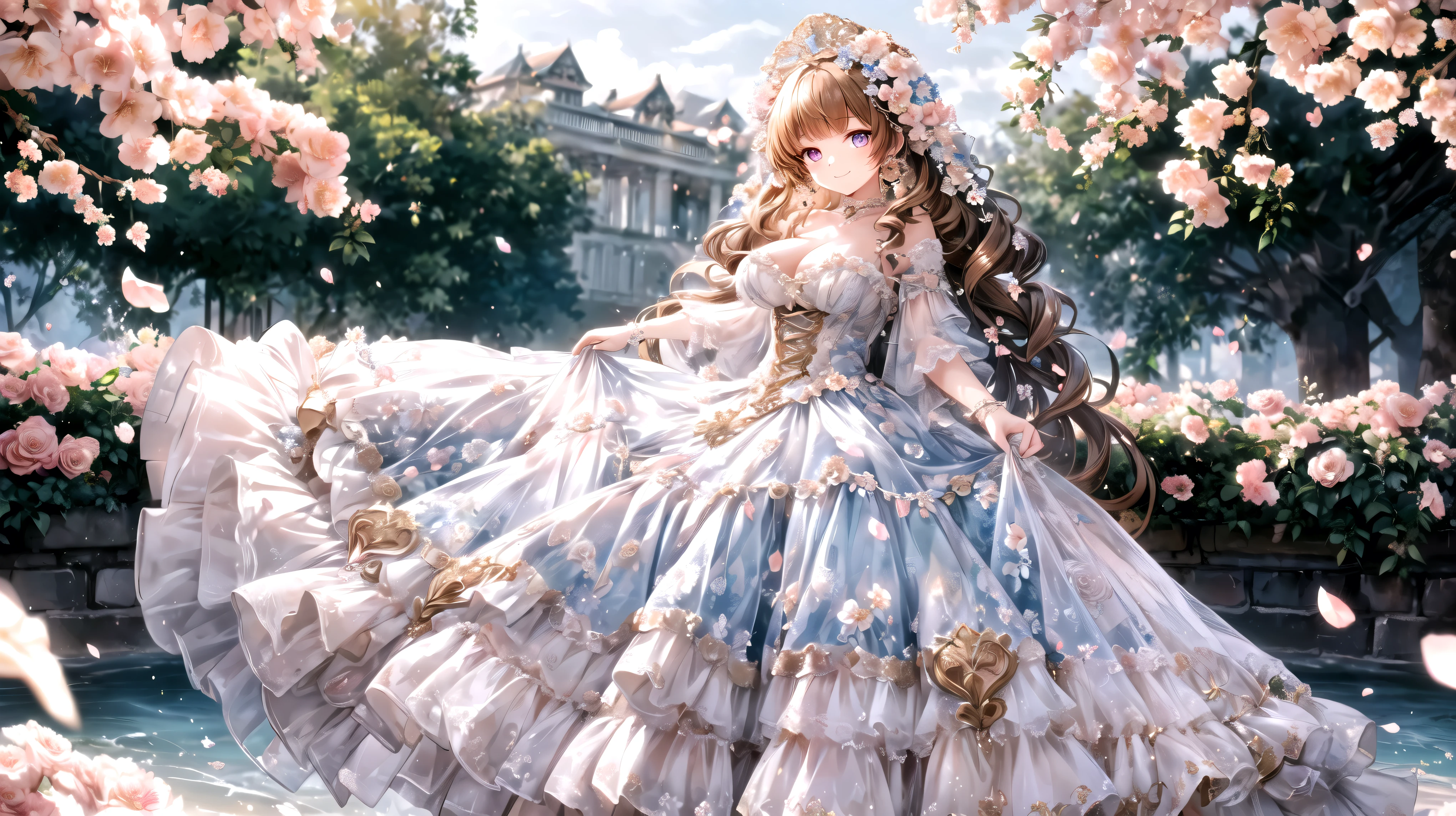 solo princess , curly hair, floral crinoline hoop skirt, petticoat dress, corsets, Retroドレス, huge breasts, hyper detailed beautiful eyes, tiara, fluffy, Gold, hyper detail face, ((Smile)), light particles, Retro, ((On the Hill)), Surrounded by flowers, (Flowing Petals), ( shallow depth of field:1.5), film grain, landscape, light sparkles, light leaks, (anime moe art style:1.3), (very wide shot:1.3), spectacular views, Amazing Scenery, ((Superbly detailed drawing, ultra detailed, exquisite quality, absolutely resolution)),