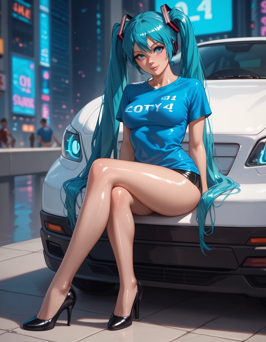 Create a digital anime-style image of a young woman with a modern, hair half top half light pink and half bottom light blue, hair cut side shaved head, eyes blue, lips atractive, beatiful fitness of her body. edgy appearance standing confidently in a dimly lit room with a cyberpunk aesthetic. The woman should tight small suit cyberpunk, sample legs and foot, legs open frontal bedroom, styled hair with vibrant colors, The room cyber high details. cute nose, seductive,white choker, pink lips, freckles, large breasts, pretty girl