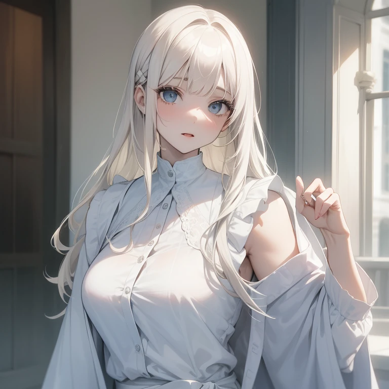 (Best Quality, 8k, 32k, Masterpiece, UHD:1.3), (Photo of Attractive Japanese Woman), ((1 Girl)), ((Moderate Boobs)), Abs, Perfect Body, Ultra Detailed Face, Detailed Lips, Fine Eyes, double eyelids, ((milf)) sexy girl, beautiful girl, jaw-dropping beauty, (silver long hair:1.2)), Office Lady, ((white sweaters:1.1)), ((close up to face)), smiling beautifully, sunlight illuminated her beautiful face, grey blazer, crossing her arms, early morning in dressing room