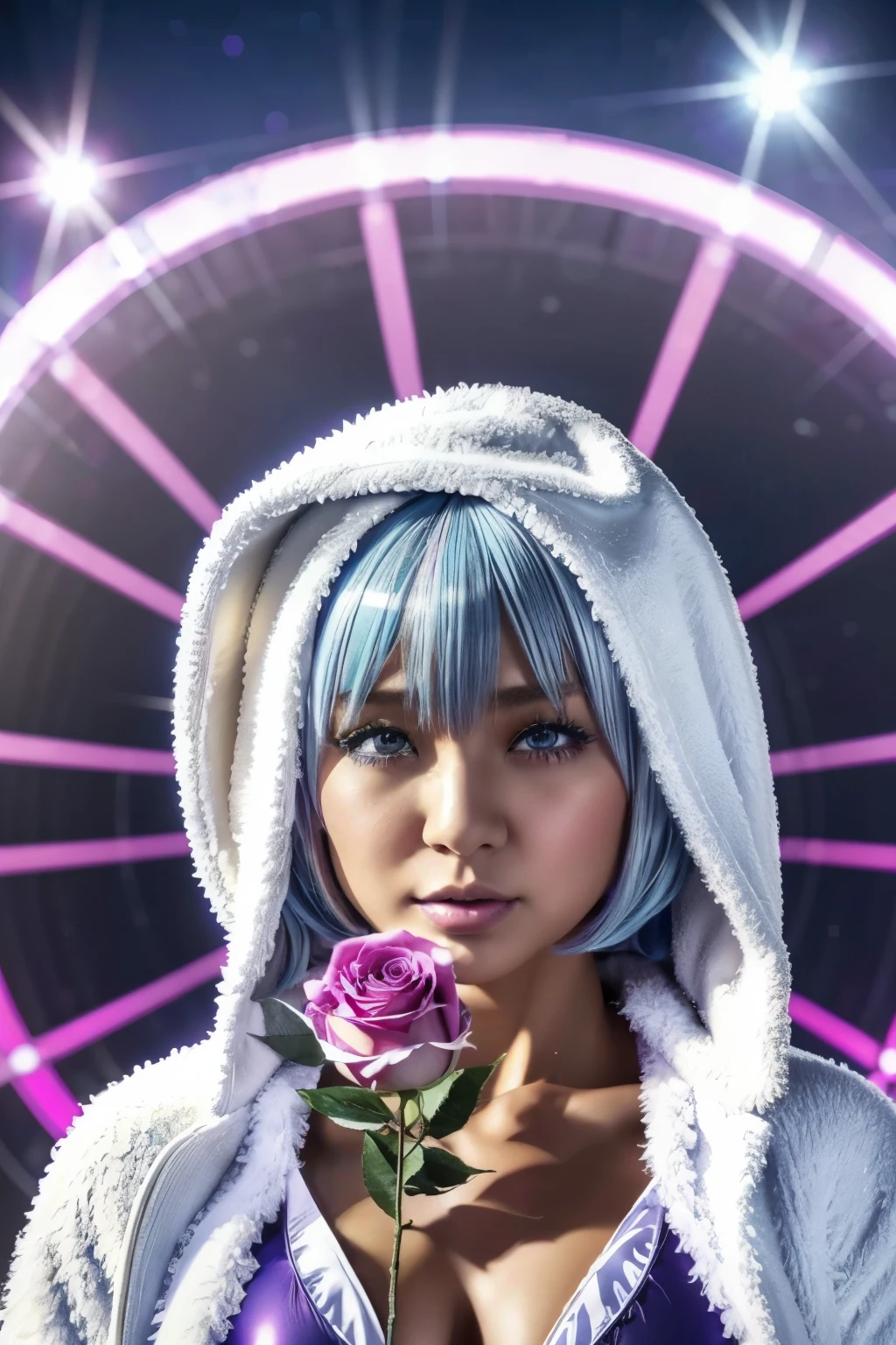 hypnotist,　 Japanese, Supermarket=nova, ピンクスゥイーツのSupermarket=nova,  man's daughter ,　very small breasts,　 flat chest,　Navy blue one-piece school swimsuit ,　 wears a white fur coat over her swimsuit,　light blue hair, Light blue hair,　 very short hair ,　Outward-swept bob,　 light blue eyes,　White fur hat, Knee-high boots face and body face the viewer,　looking at the camera,　Holding a red rose flower in her right hand,　Hypnotize viewers ,  background is a magical space of swirling pink and purple lights on black,HD quality, (photo realistic:1.4),  RAW photos , (High Resolution Details of Human Skin Texture),
