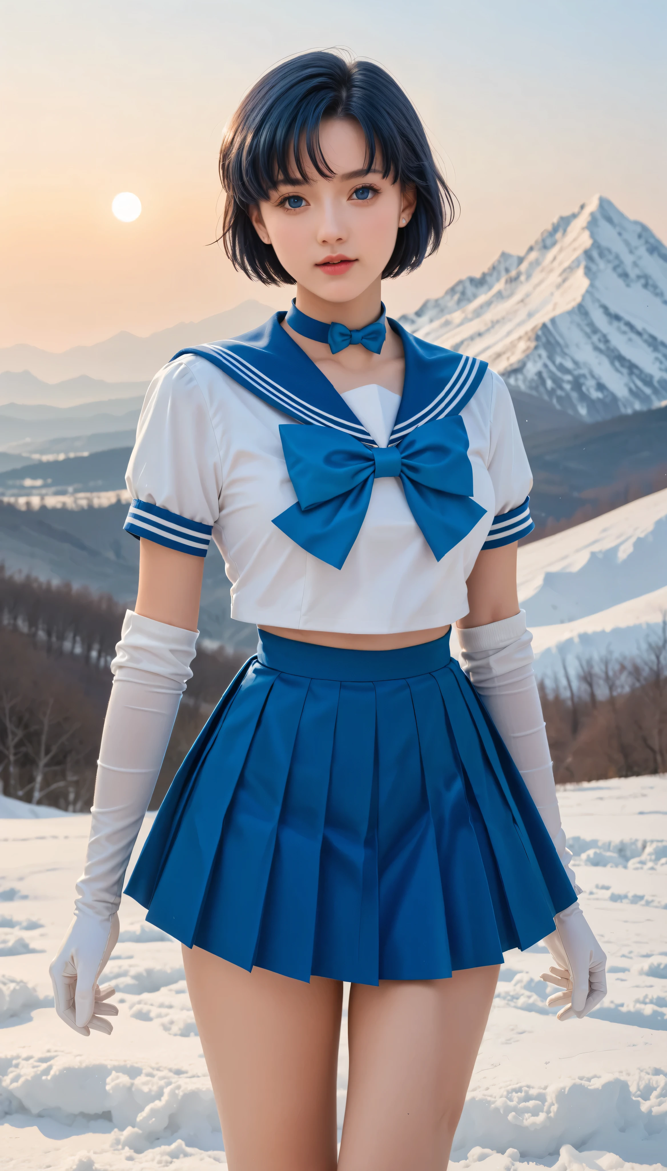 full body,score_9,score_8_up,score_7_up,8k,pretty face,detailed face,detailed eyelashes,heavy make-up,dynamic pose,outdoors,sunset,snow mountain,large breasts,slim waist,wide hips,1girl,((intricate)), sailor mercurry, russian girl, blue hair, short hair, blue sailor collar, blue mini skirt, pleated skirt, white long gloves, big bow tie.