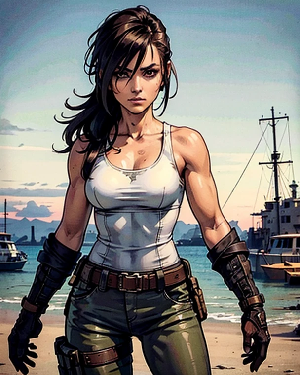 a military woman, well trained body, white sleeveless t-shirt, Exposed collarbone, beige leather shelter, blue pants, two leather belts with gun pockets, dark brown hair, carving, Brown eyes, hazel left eye, left eye with a scar, beach shore, at daytime, getting off a water boat, threatening expression looking at viewer, sparkling beach, palm trees around, In a post-apocalyptic environment, post - apocalyptic cowgirl, Post - Apocalyptic style, Post apocalyptic clothing, pose, post-apocalyptic, Postapocalyptic style, post apocalyptic grunge, Post - Apocalyptic Scavenger. (Ultra quality) 8k quality, detailed, perfect light, perfect angle, perfect sharpness. Boromey Meas
