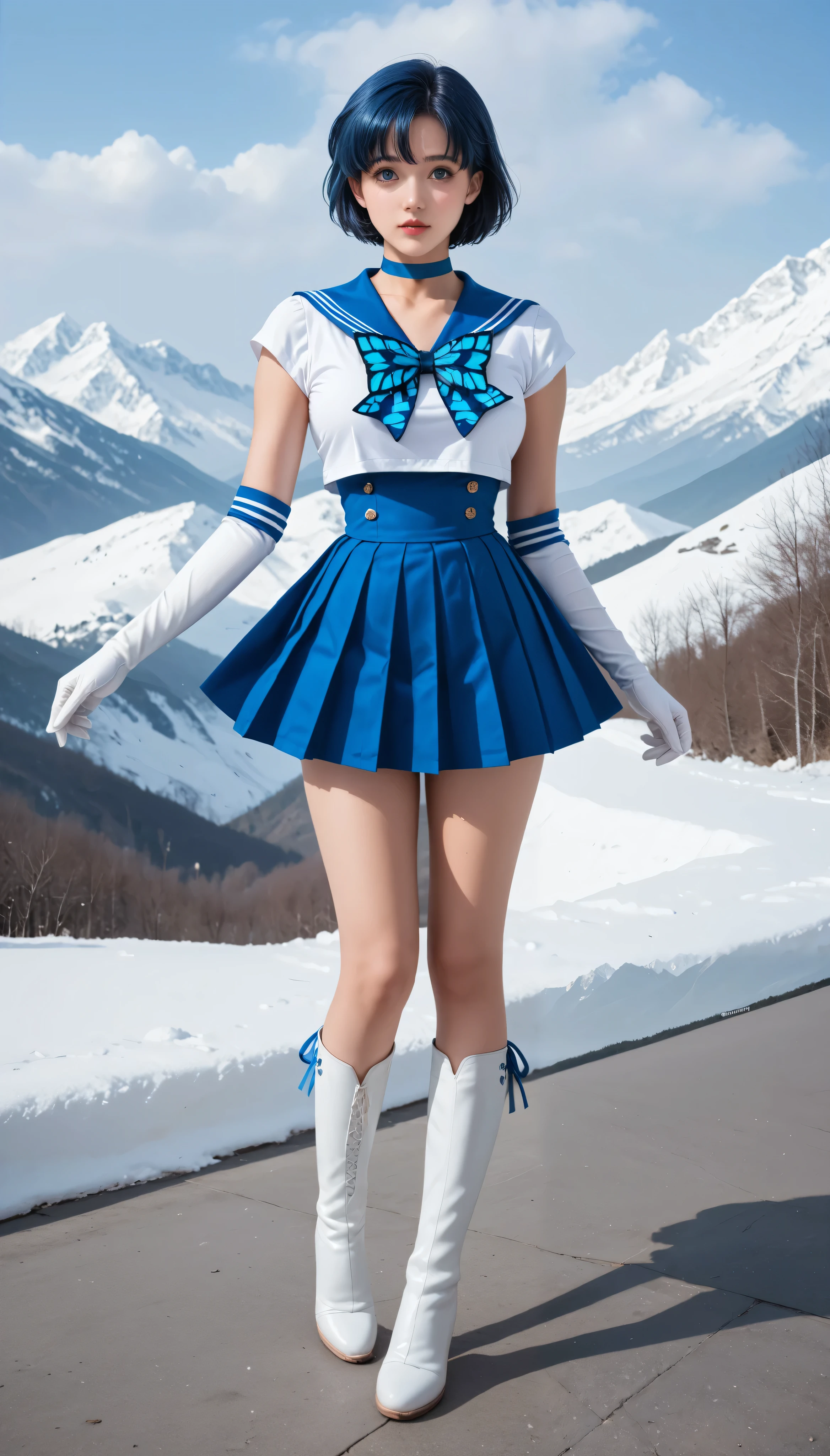 full body,score_9,score_8_up,score_7_up,8k,pretty face,detailed face,detailed eyelashes,heavy make-up,dynamic pose,outdoors,sunset,snow mountain,large breasts,slim waist,wide hips,1girl,((intricate)), sailor mercurry, russian girl, ((blue hair)), short hair, tight dress, short dress, blue choker, blue mini skirt, pleated mini skirt, tight skirt, light blue butterfly ribbon, butterfly ribbon on the chest, long gloves, boots, long white shoes, realistic