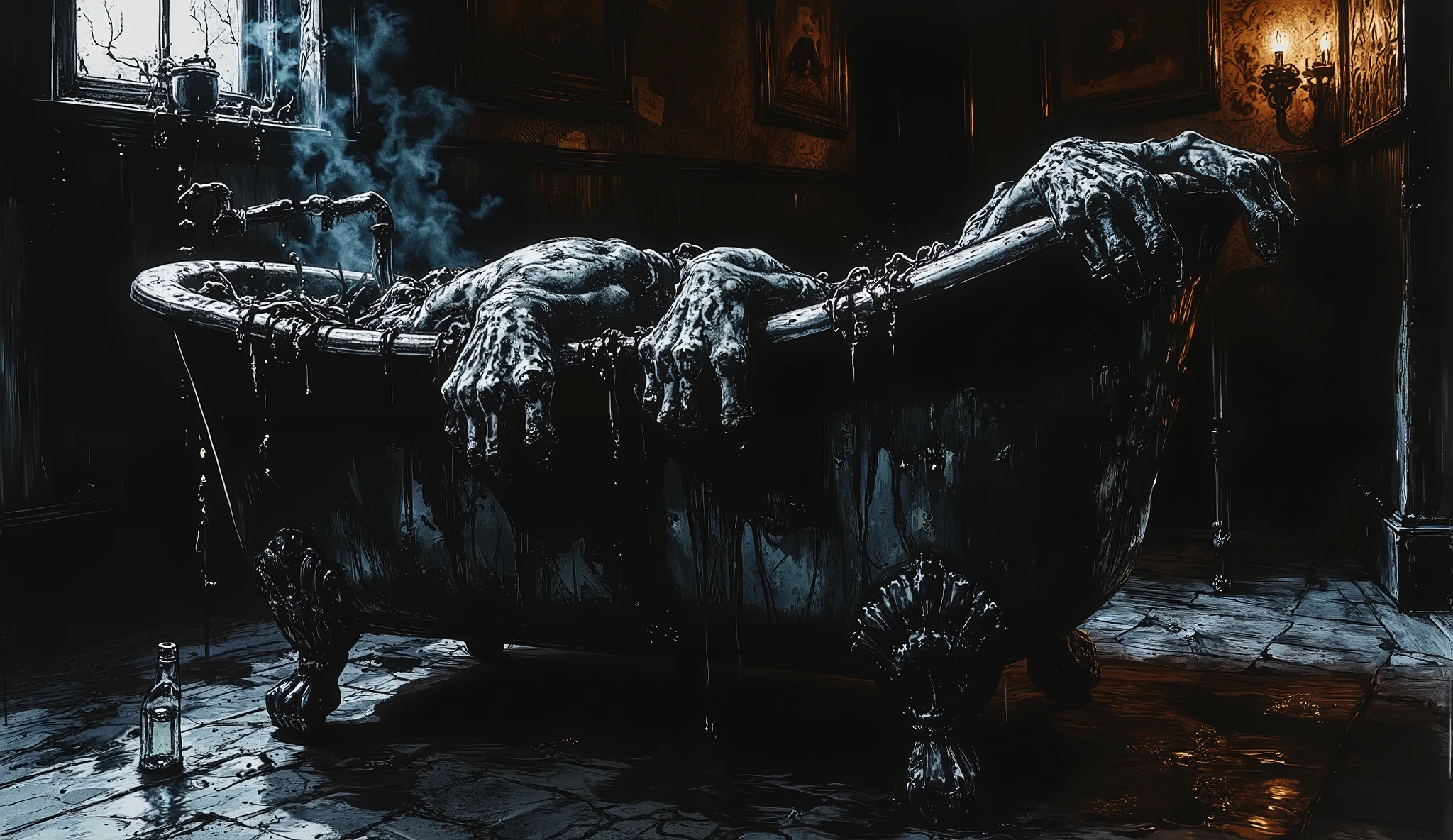 (best quality, 128k,highres,masterpiece:1.2),ultra-detailed,(realistic,photorealistic,photo-realistic:1.37), ((masterpiece)) ((photography)) ((Highest quality)) A dimly lit, eerie bathroom with a vintage clawfoot bathtub filled with dark, murky water. The atmosphere is chilling, with fog creeping along the floor and flickering candlelight casting unsettling shadows. Emerging from the water, monstrous clawed hands grip the edges of the tub, their long, razor-sharp nails reflecting the dim light. The water ripples ominously, hinting at the unseen horror lurking beneath. The background is shadowy and gothic, with cracked tiles, dripping pipes, and a cold, damp ambiance. The composition evokes suspense and dread, as if something unspeakable is about to rise from the depths. Ultra-realistic, high detail, horror atmosphere.