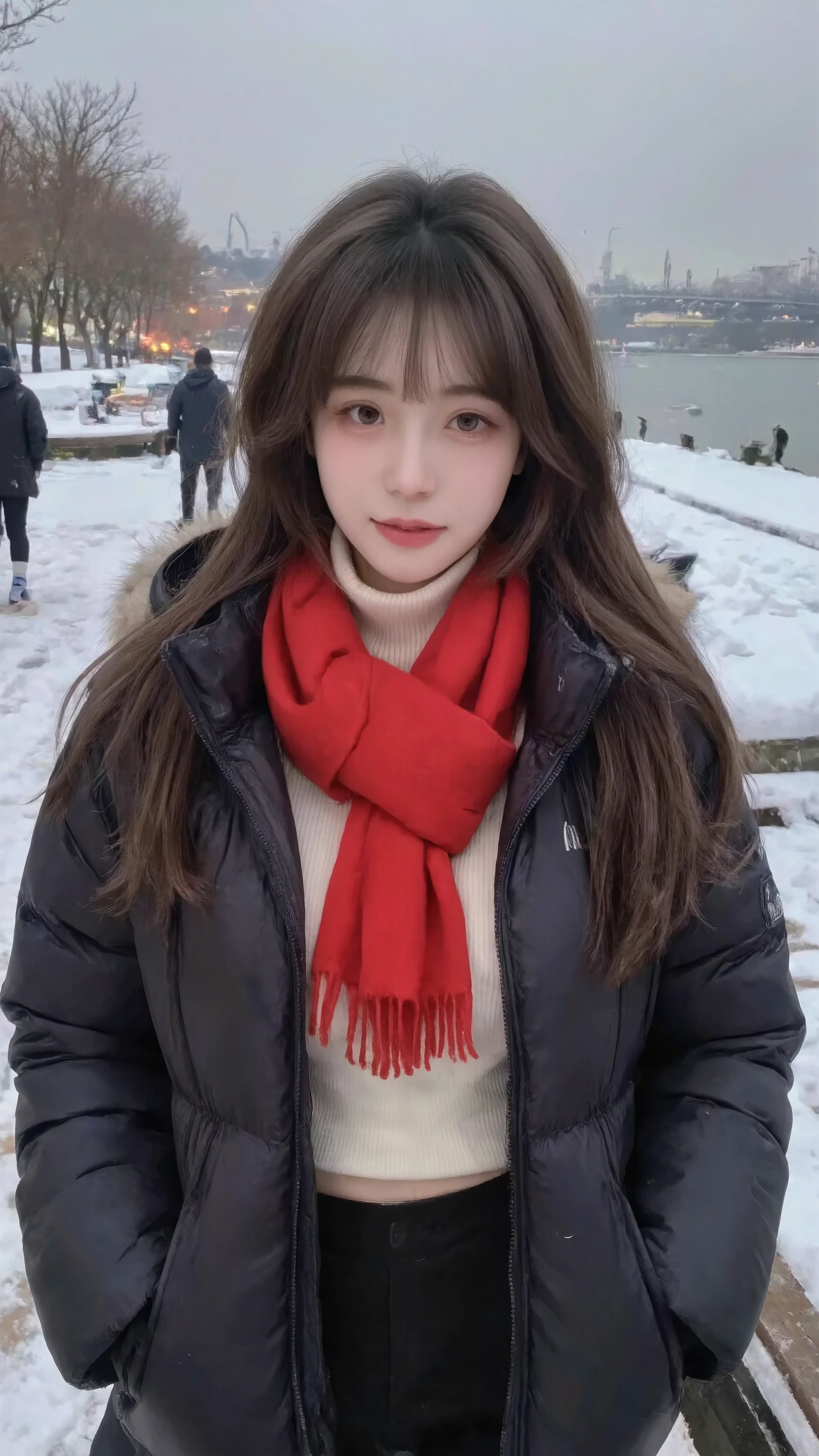 super detailed: 1.5, Hi-Res, sharp focus: 1.5, of the highest quality, Realism, Dim lighting : 1.2, Depth of Field, Bokeh, Beautiful Detailed Face , fair skin: 1.2, Natural neck length, Beautiful Hands , perfect figure, anatomically correct, Detailed Fabric Texture , Detailed Hair Texture , Inverted triangle face, Round, Big, Dark Eyes, Clear Big Eyes , Hydrating red lips,Upright chest, delicate skin texture , bokeh to highlight the figure,
full body shot,height 170 cm,tight-fitting clothes,
dusk,Han River,winter,snow,smiling
Milk tea gray-brown,Middle-parted bangs,High Level Jellyfish Hairstyle, red scarf ,white short down jacket: 1.1, beige turtleneck ,dark black thick high waist yoga pants,white middle socks,blue and white travel shoes, Soft Light and Shadow , natural breeze brushing hair ,