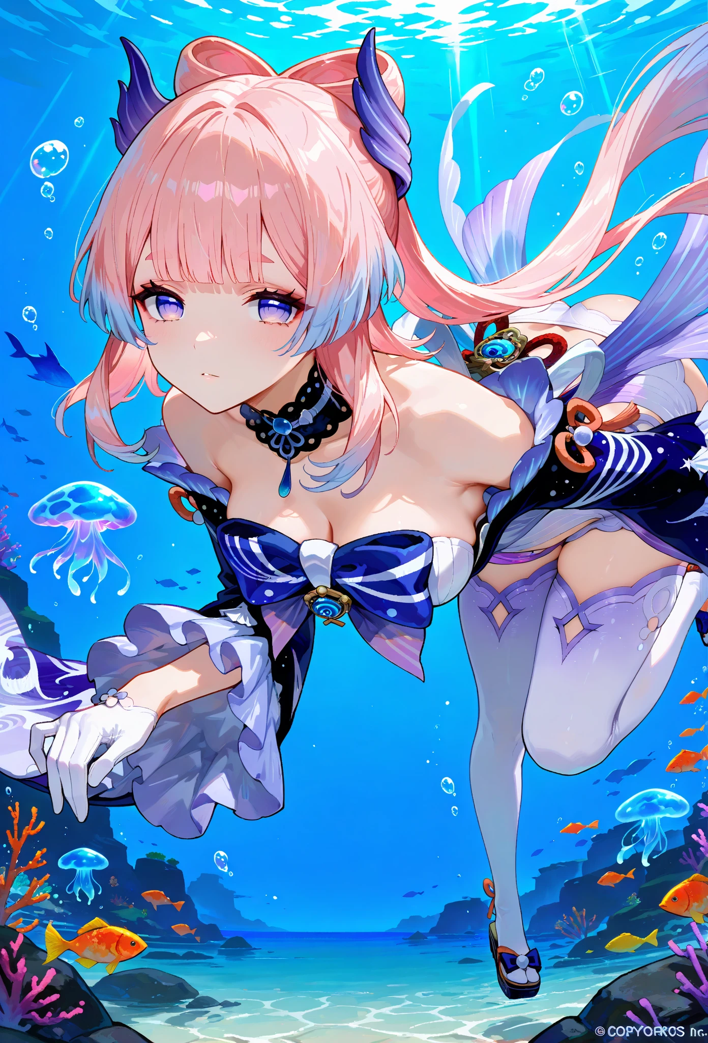 NSFW,sangonomiya_kokomi_genshin,bangs、Long Hair、Pink Hair、Multicolored Hair、bow状の髪、Purple Eyes、鈍いbangs、hair ornaments、bow、blush、smile、Blue Hair、chest、Gradient Hair、blue eyes,(Perfect hands),(Perfect Anatomy),(masterpiece),(highest quality),Embarrassed,blush,(Sexually aroused face:1.5),Leg spread