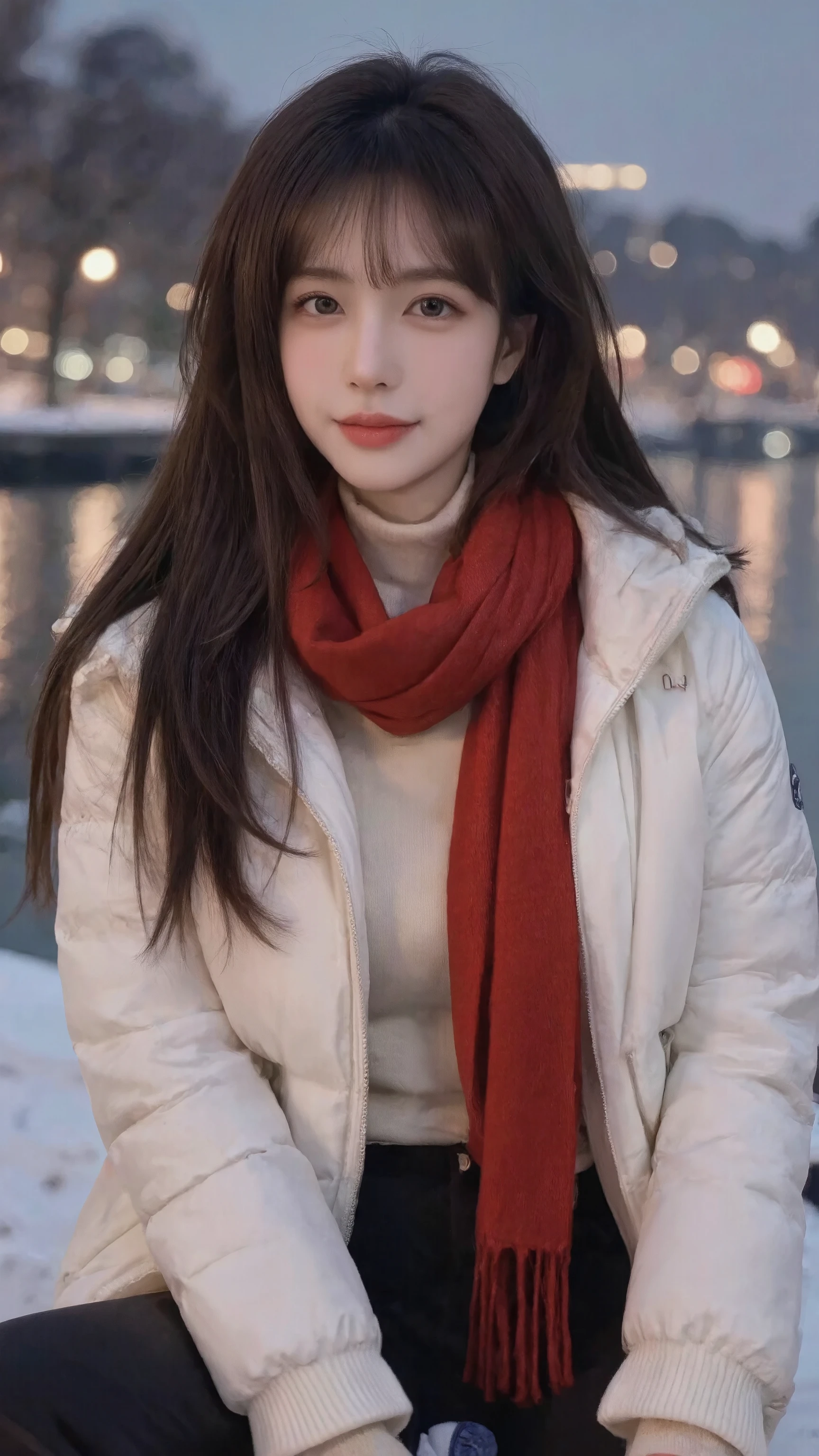super detailed: 1.5, Hi-Res, sharp focus: 1.5, of the highest quality, Realism, Dim lighting : 1.2, Depth of Field, Bokeh, Beautiful Detailed Face , fair skin: 1.2, Natural neck length, Beautiful Hands , perfect figure, anatomically correct, Detailed Fabric Texture , Detailed Hair Texture , Inverted triangle face, Round, Big, Dark Eyes, Clear Big Eyes , Hydrating red lips,Upright chest, delicate skin texture , bokeh to highlight the figure,
full body shot,height 170 cm,tight-fitting clothes,
dusk,Han River,winter,snow,smiling
Milk tea gray-brown,Middle-parted bangs,High Level Jellyfish Hairstyle, red scarf ,white short down jacket: 1.1, beige turtleneck ,dark black padded high waist yoga pants,white middle socks,blue and white travel shoes, Soft Light and Shadow , natural breeze brushing hair ,