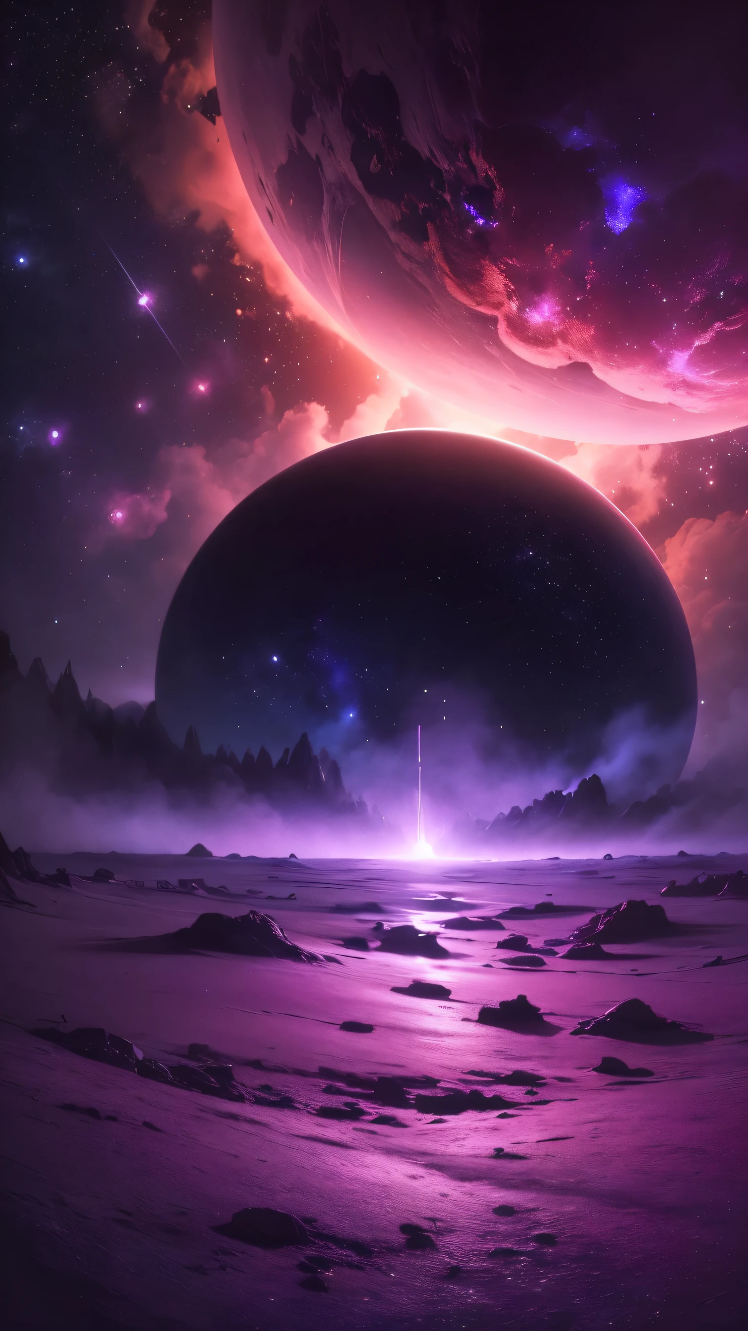 (best quality, 4K, 8K, highres, masterpiece:1.5), ultra-detailed, (realistic, photorealistic, photo-realistic:1.5), a lone astronaut standing on the surface of a glowing exoplanet, gazing at an enormous gas giant filling the sky. The air shimmers with golden dust, and distant alien flora emits a soft bioluminescent glow. In the sky, a nebula swirls in shades of crimson and violet, casting an eerie yet beautiful light. The astronaut’s silhouette adds a sense of mystery and solitude. Cinematic lighting, ultra-detailed, breathtaking sci-fi atmosphere.