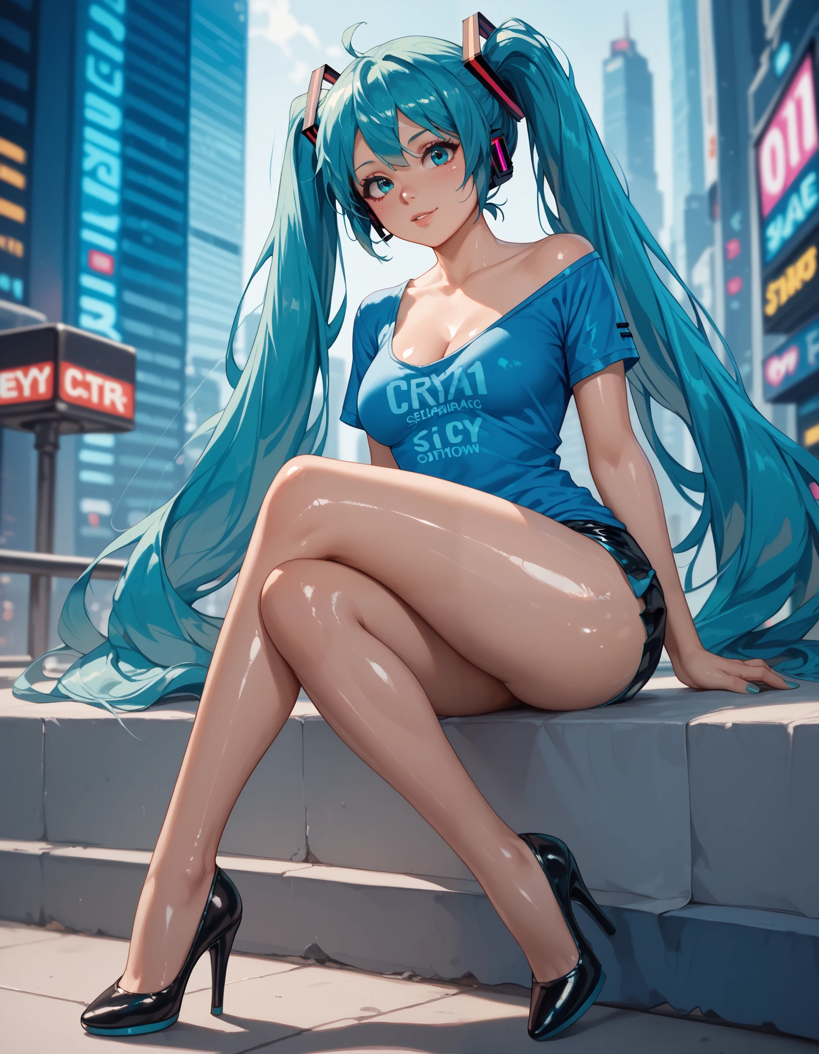 Hatsune Miku, in a cyberpunk city, black heels, (((shiny skin))), (((sexy slender legs))), (((blue tshirt))), (((breasts under tshirt))), (((sexy cleavage)))