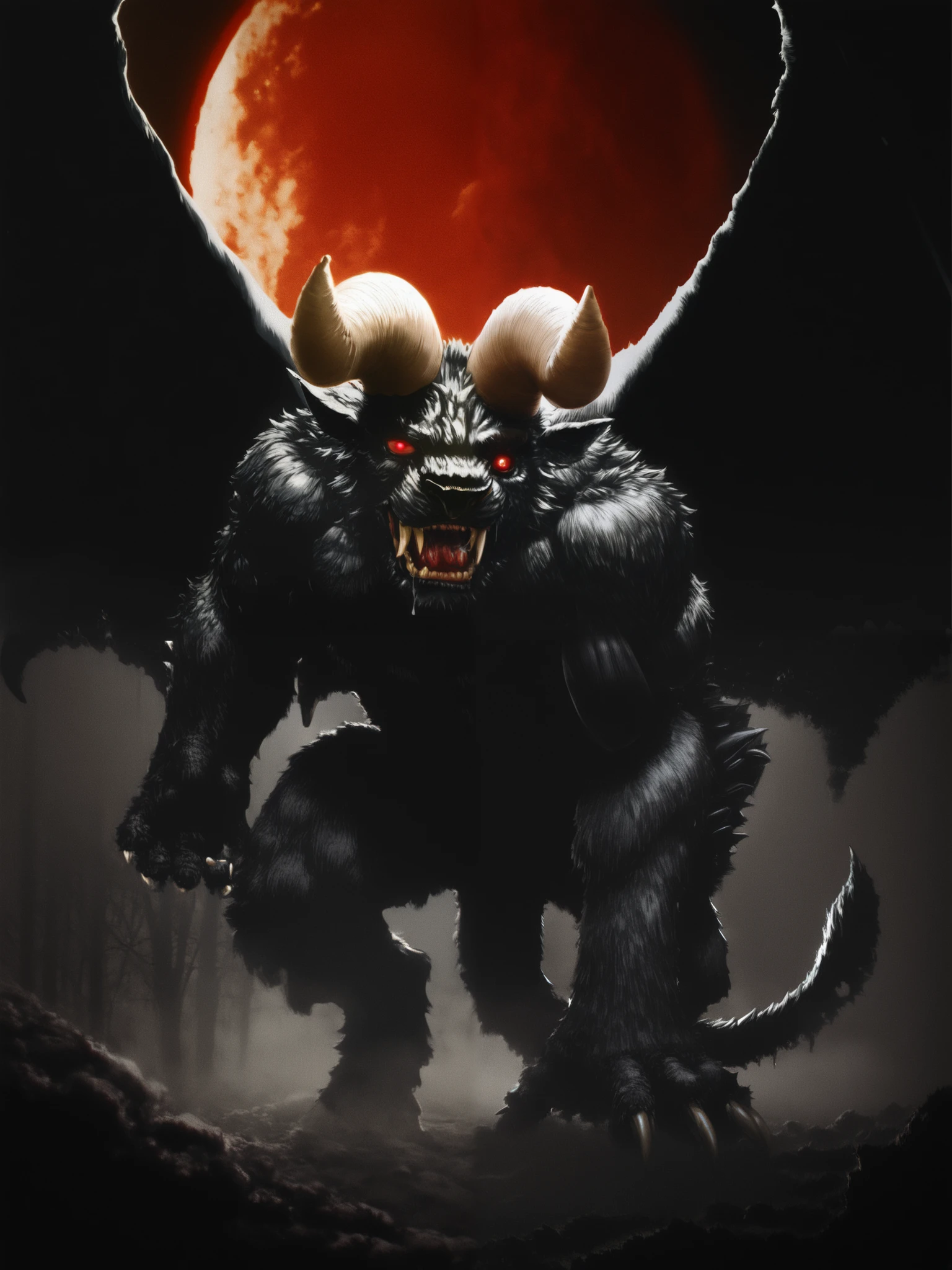 ( Masterpiece:1.2,  Exceptional quality  , Cinematic Experience ,  best illustration :2.0, Very detailed.2.0), 8K16K, wallpaper,[anthropo ::0.3]horror,Alone, zodd \(berserk\),monster, creature,, claws, fangs, Horns,giant bat wings,eyes, feet from the bottom, Full Moon,(ravenous roar),saliba ,(forest),(fog:1.2),a broken horn,fur,(bipedo),Red Moon in the background,( of foot), un monster gigante malvado muy musculoso con eyes reyes brillantes,  fog , demonic, black background, tense and dark atmosphere, ultra-realistic cinematic shot, dramatic cinematic lighting, Ultra-fine details,  cinematic quality ,  film camera 