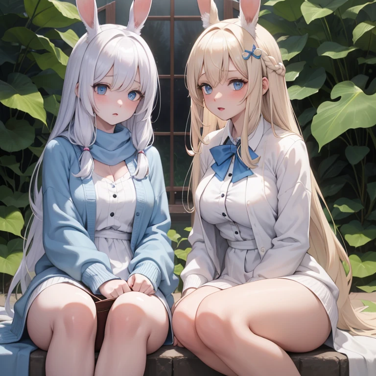 Women in their 20s,pale blond hair,Transparent white skin,Bangs are swept short,straggling hair,white blouse,Light blue cardigan,,Blue scarf,large eyes,long eyelashes,Drooping ears hair ornament,,Hair in half-twins,Hair ornament in the shape of a rabbit with drooping ears