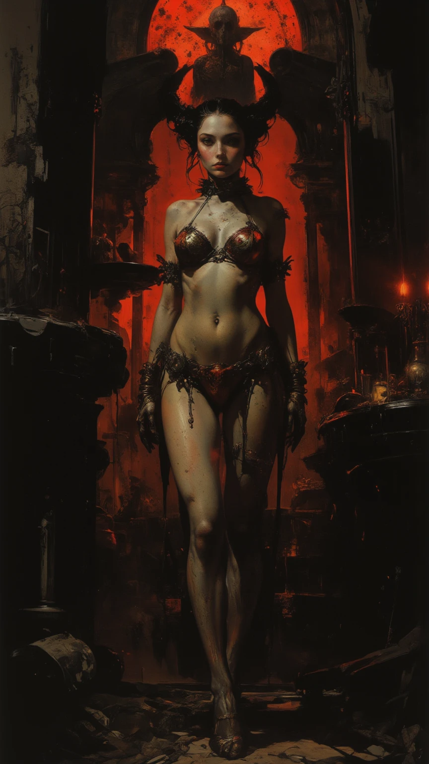 1girl, beautiful (((dark devil empress))), detailed eyes, (((detailed face))), mature face, athletic body, looking at viewers,full body, light smile,(gigantic breasts:1.4)detailed skin, colored skin(dark red skin:2.4), horns on head, (((bald:1.4))), mature body, tall body,seductive body,medium big breast, medium thigh,((no hair1.8)), spike pasties,detailed clothes BREAK desert and skull shoulders, holding only one long and thick dark scepter, highly saturating beams, holy ceremony, golden and red spark dazzling around, crown , golden majical lightning, best quality, masterpiece, trending on Art station,BREAK,Detailed,Realistic,4k highly detailed digital art,octane render, bioluminescent, cinematic lighting BREAK 8K resolution concept art, realism,by Mappa studios,masterpiece,best quality,official art,illustration,ligne claire,(cool_color),perfect composition,absurdres, fantasy,focuse, red and gold color palette,(((stands on cracked pedestal)))