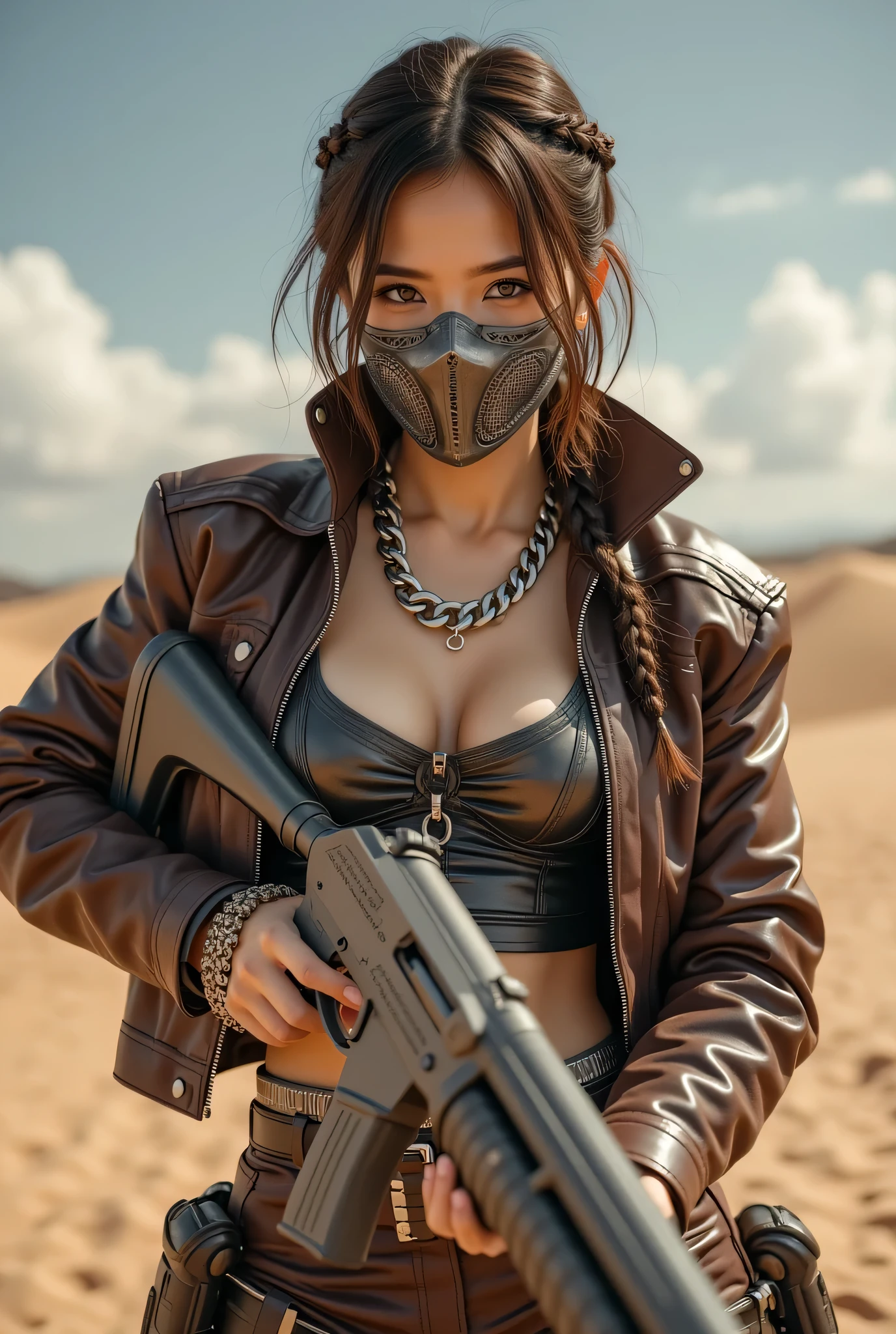 (8k, Top Quality Conversation , masterpiece), ( exists , photo exists : 1.37), very well detailed, one girl to rainbow , { Grid Girl with a Shotgun }, Wide angle , chest shaking a lot , Very delicate depiction , armor made with miniature paint , short braided hair , correct skeleton 、 chain armor , Guns with an Invisible Pattern 、 dreamy ,super existing mixed fantasy world looking at the camera with a sharp eye, a combination of exists elements and fantastic elements ( 渦巻く砂漠の砂 :1)、 Get ready to fight with a shotgun 、 complicated , a sharp , precise iron mask under her butt 、 鋭い目でカメラを向いている 、vintage leather jacket