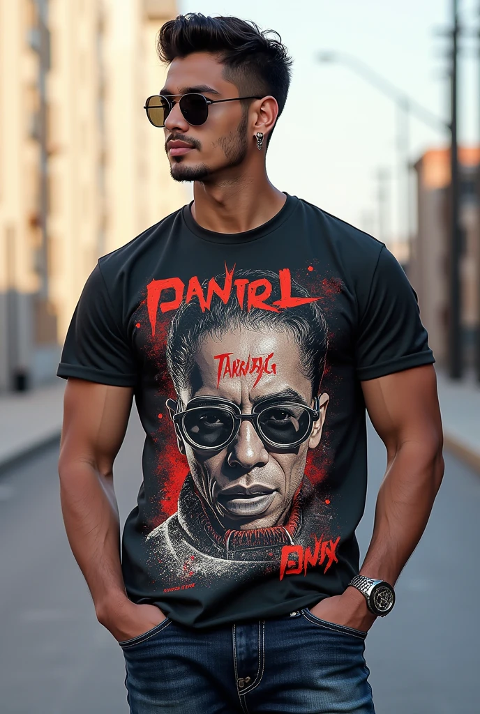 crie um mockup de um homem vestindo uma camiseta Preta Basica