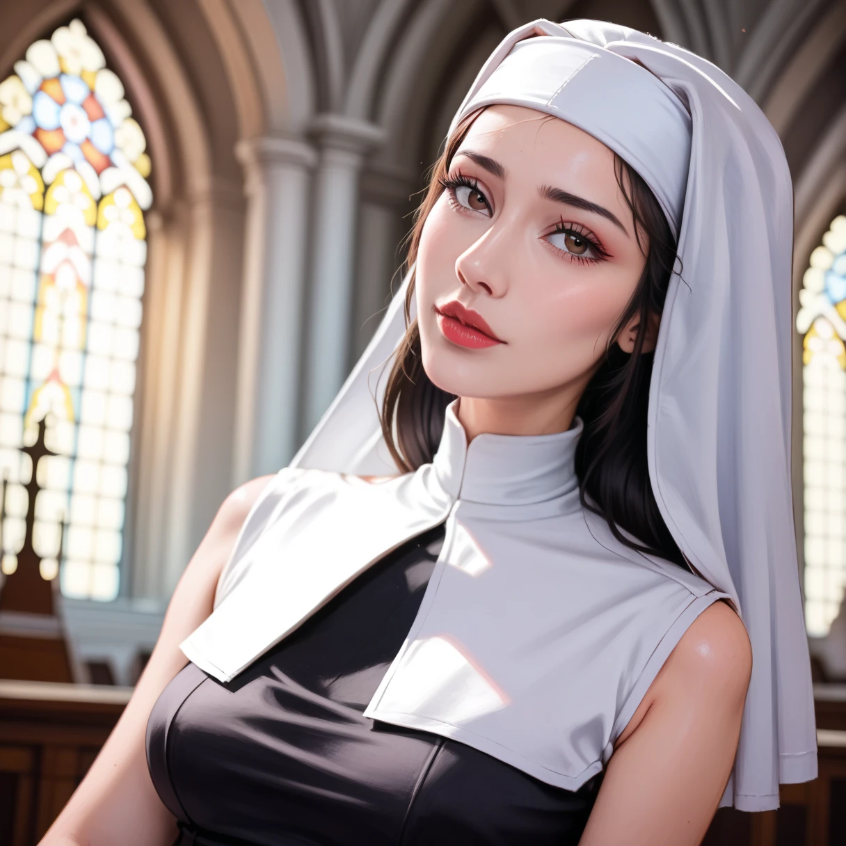 a woman dressed in nun&#39;s clothes, black and white outfit, on the head a crown of roses, holding a crucifix, serene and compassionate look, ultra realistic image, the color of roses are red white and pink