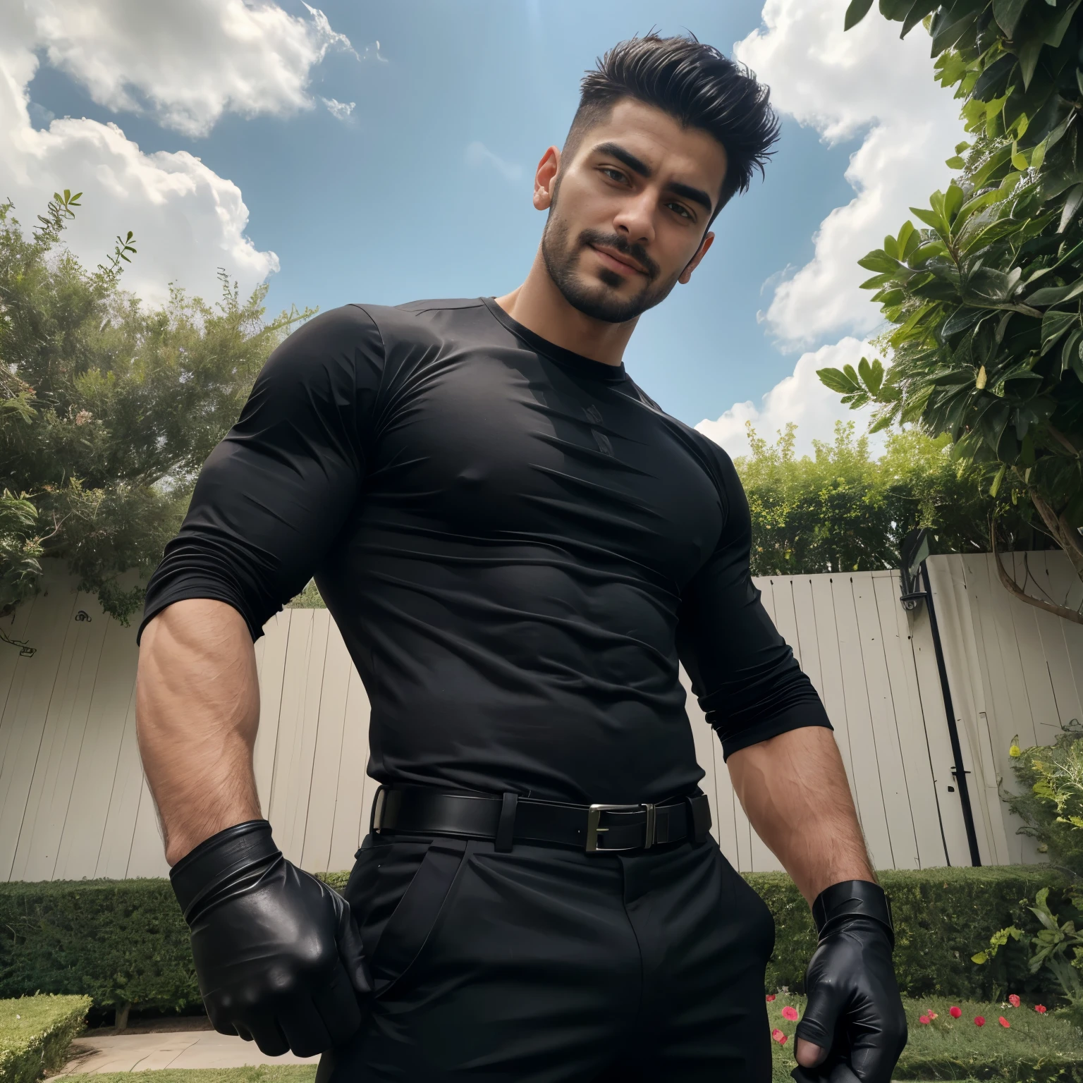 Age 27、 handsome man , One Man,、 muscular、 black shirt 、 View from below 、garden、 crouch。black shirt、 upper body up Handsome Iraqi face、Front threatening appearance Black gloves black slim pants 。 threatening appearance upper body up mafia I'm smirking