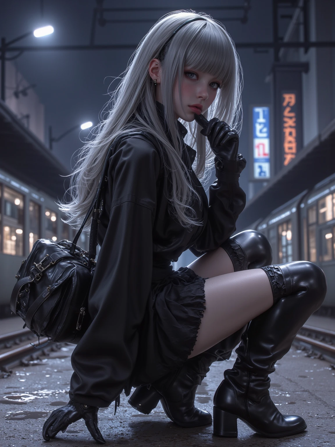 goth_fashion, 1girl, tattoo, piercing, heterochromia, twintails, white_hair, blue_hair, cyberpunk, colorful, longboots, gloves