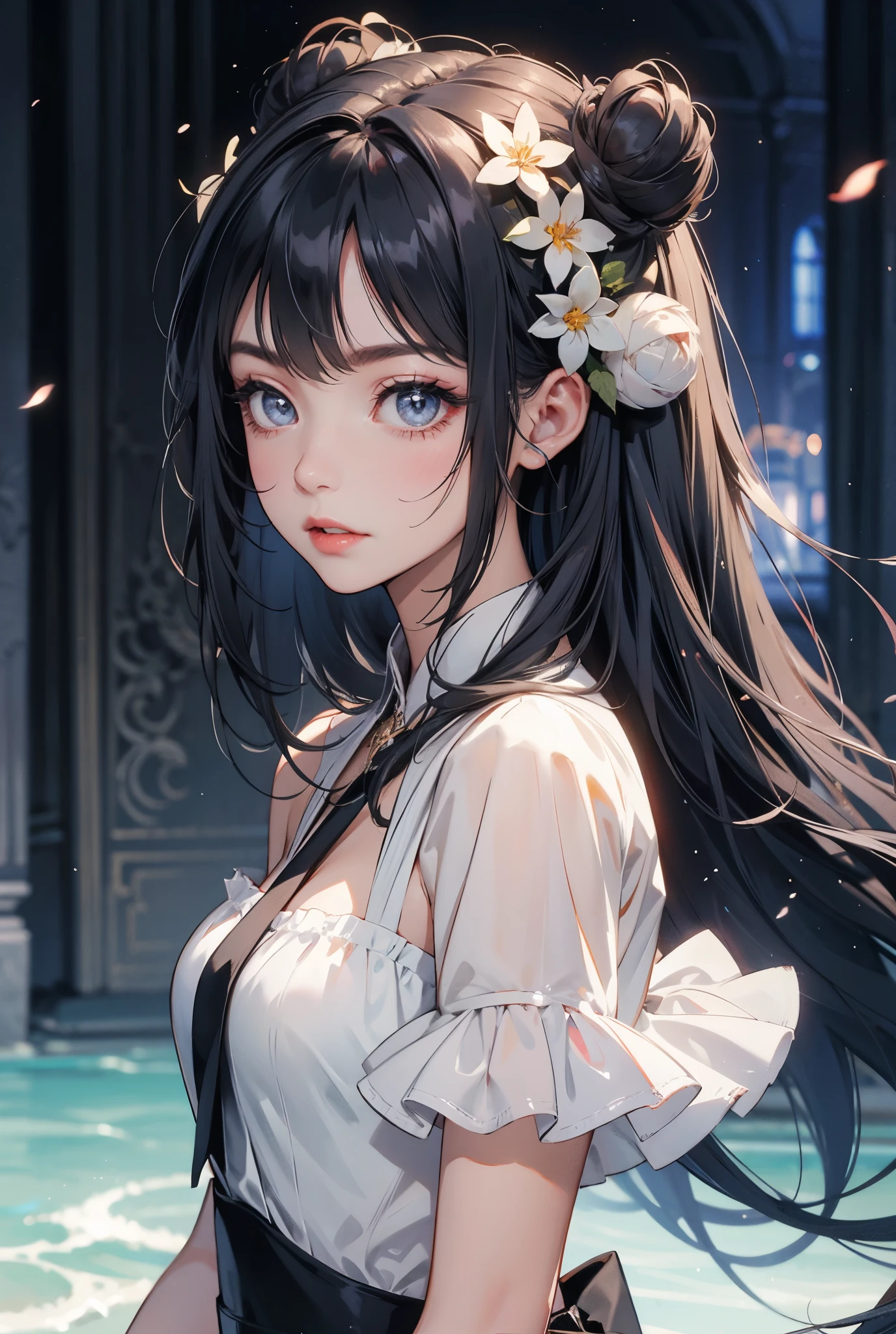 absurdres, RAW photo, extremely delicate and beautiful, masterpiece, Best Quality, ultra high resolution, 32k, hyperrealistic, ultra-detailed, delicate facial features, beautiful detailed woman, tearful mole, earring, medium breasts, full body shot, medium hair, black hair, Hanfu,