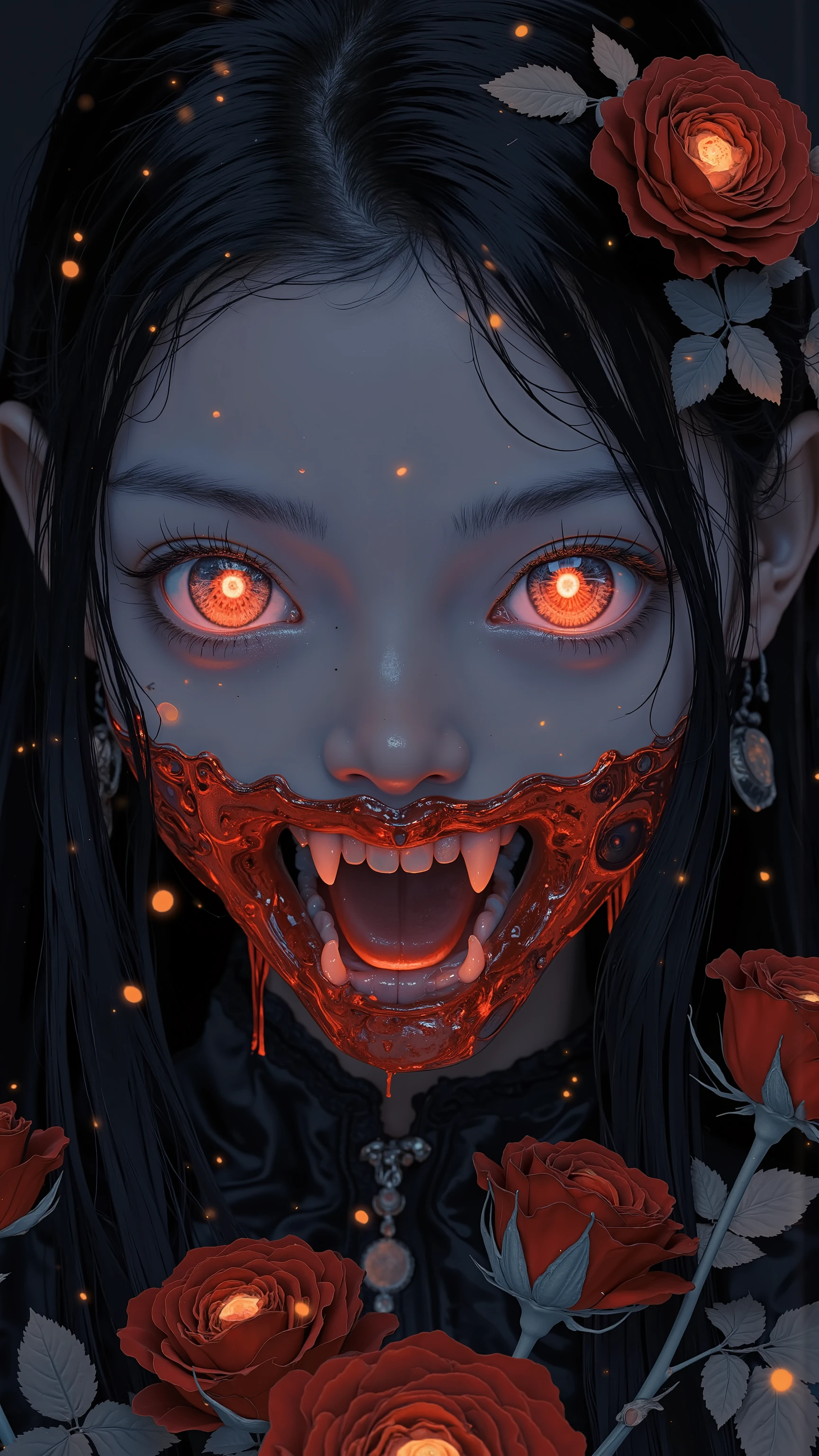 Slit-Mouthed Woman in Japanese Urban Legend, Masterpiece, absurdly top quality illustration, background filled with red light particles, 1 girl with red, abnormally long hair standing, shaggy hair, bangs long enough to hide her face, (mouth is ripped open to ears:1.5), mouth smiling wryly, big mouth, open mouth, (can see the back of throat with bright inside), creepy, upper body, scary atmosphere, (close up to the mouth 1.2), 