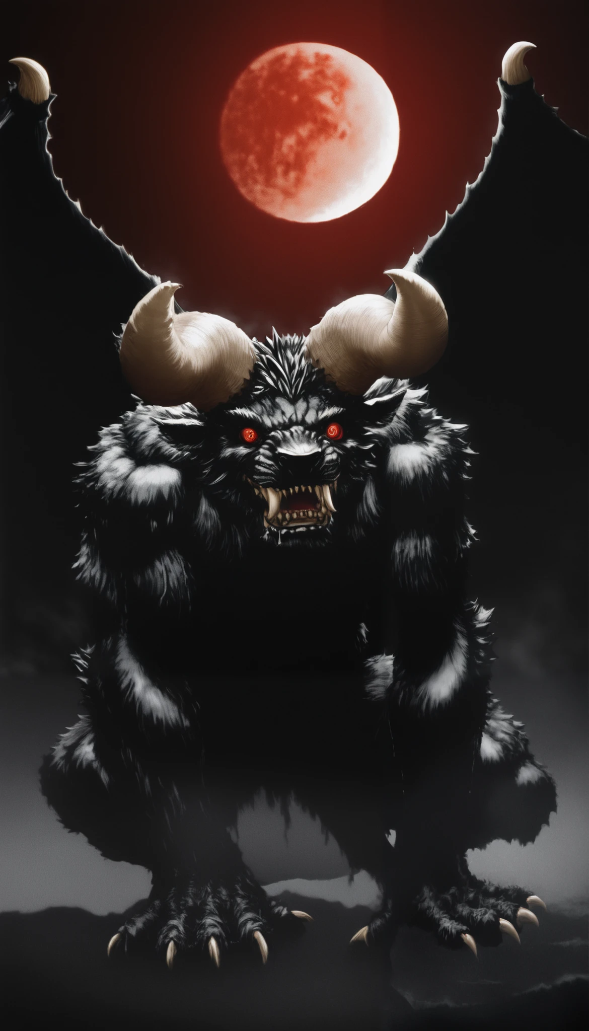 ( Masterpiece:1.2,  Exceptional quality  , Cinematic Experience ,  best illustration :2.0, Very detailed.2.0), 8K16K, wallpaper,[anthropo ::0.3]horror,Alone, zodd \(berserk\),monster, creature,, claws, fangs, Horns,giant bat wings,eyes, feet from the bottom, Full Moon,(ravenous roar),saliba ,(forest),(fog:1.2),(a broken horn),(fur),(bipedo),Red Moon in the background,( of foot), un monster gigante malvado muy musculoso con eyes reyes brillantes,  fog , demonic, black background, tense and dark atmosphere, ultra-realistic cinematic shot, dramatic cinematic lighting, Ultra-fine details,  cinematic quality ,  film camera 