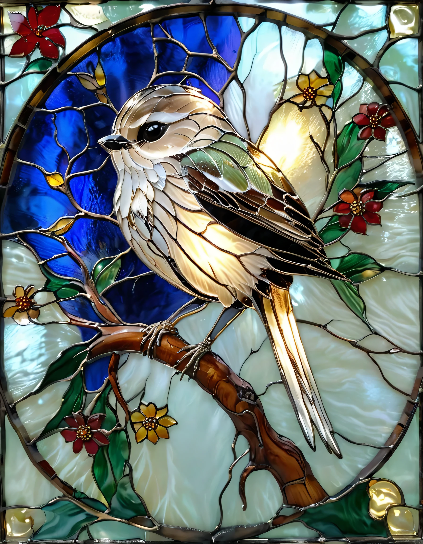 A stunning stained glass artwork featuring an adorable pure white Shima Enaga (Long-tailed tit) perched on a delicate tree branch. The bird has soft, fluffy white feathers, tiny black eyes, and a round, chubby body, designed with smooth, translucent glass panels. The background consists of an elegant pastel-colored sky with intricate floral and leaf patterns, resembling classic stained glass craftsmanship. Light gently filters through the glass, creating a warm, peaceful, and magical atmosphere, highlighting the bird’s purity and charm.