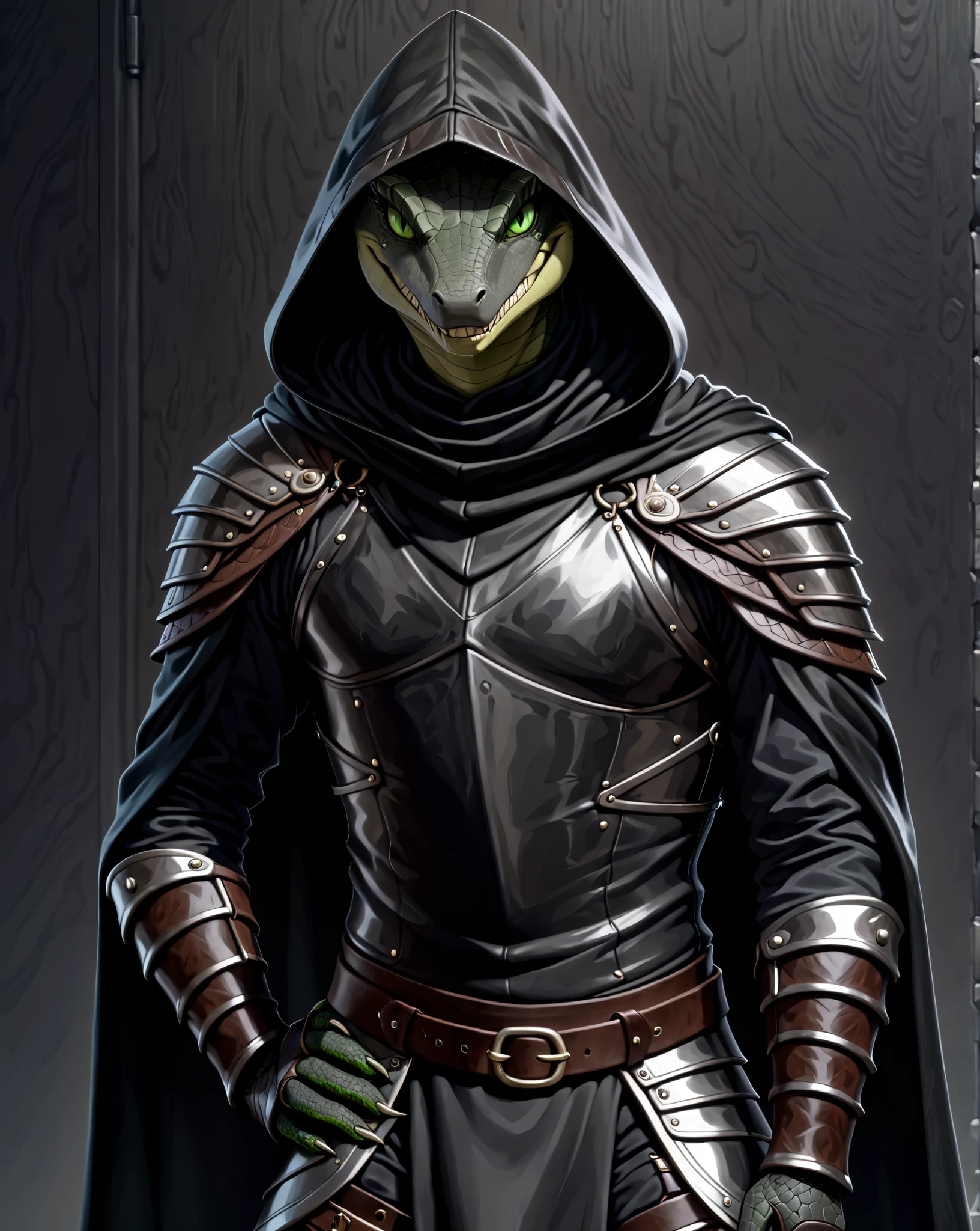 Masterpiece, Absurdres, Hyper detailed, 4k, UHD, (((solo))) 1Adult male, Dark_gray lizard, Green eyes, Evil grin, Bandit, Leather armor, Black-Cloak, Hood, Standing, Hand on own hip, Upper body,