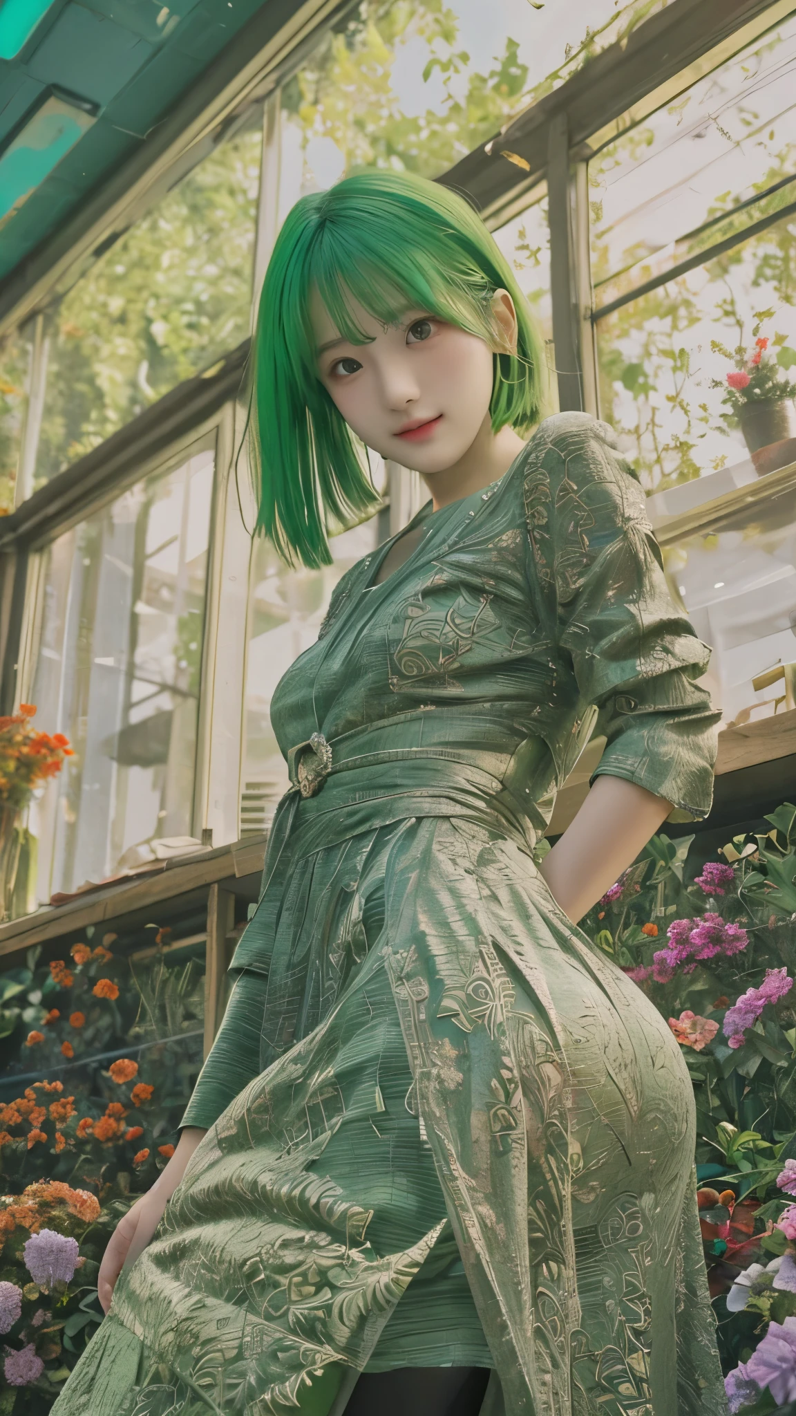high resolution,超high resolution,8k, High precision,TOP QUALITY, masterpiece, Super Fine Paintings , detailed depiction of up to the front door,1 girl, upper body,((asymmetrical haircut , green hair)), big breasts, supine pose , similarly , glowing neon lights , intermediate shot,Fujifilm X-T4 + 23mm f/2 Lenses,dusk,Flower Farm,viewers, (( slender body line )), ( small nice ass:1.3), (wacky dress )