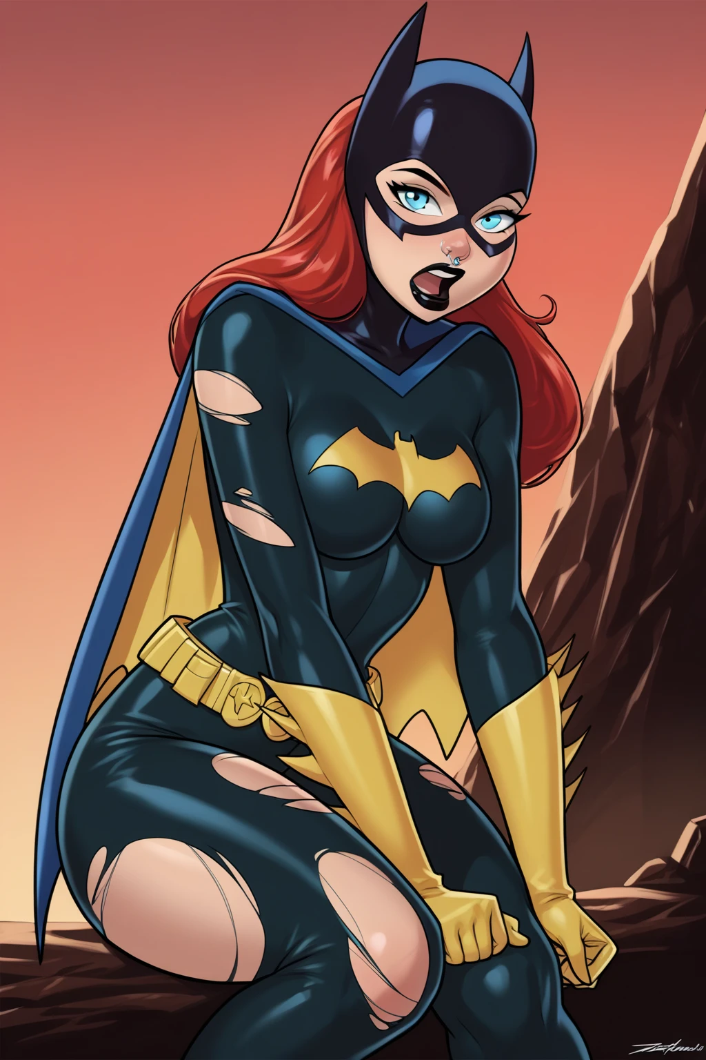 Barbara gordon,black suit,crystalblueeyes, red long hair, standing, looking to camera, vaginal sex pov, yellow cape, gloves, torn bodysuit, batprint