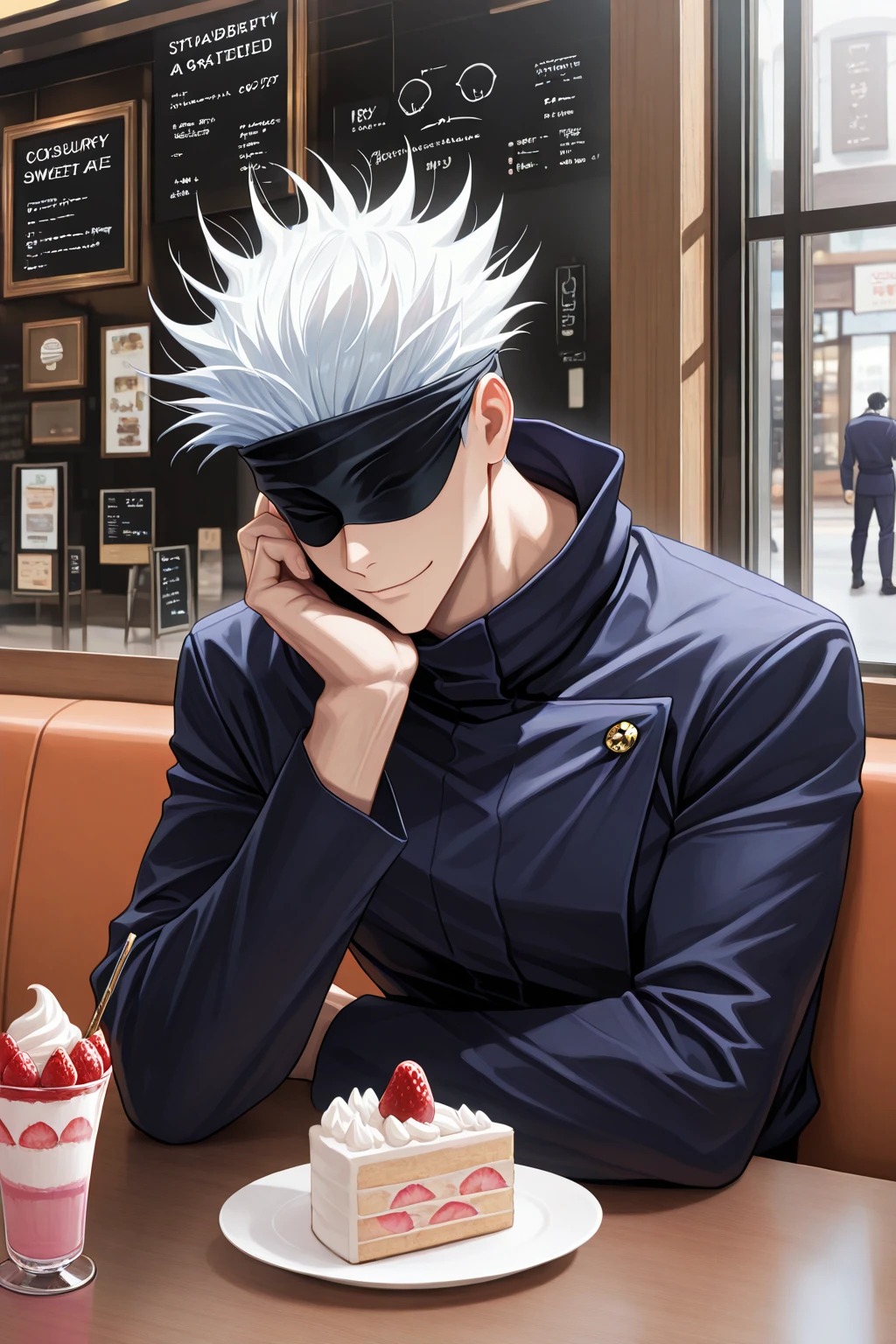 1boy, gojou satoru, male focus, solo, blindfold, white hair, upper body, short hair, jacket, black jacket, covered eyes, closed mouth, bottle, high collar, facing viewer, black blindfold, indoors, long sleeves, bar (place), smile, ((medium quality)), ((medium quality))