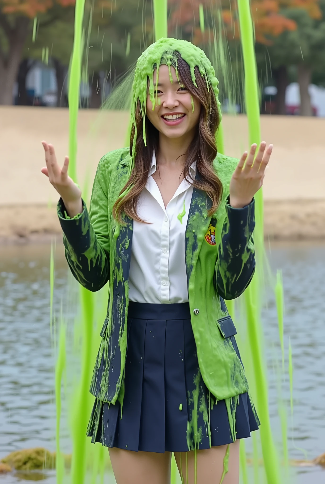 A joyful and playful scene captures a young Korean woman outdoors, covered in a splash of thick, vibrant green slime. She is wearing a classic school uniform. The uniform consists of a white collared blouse with cleavage, a navy blue pleated skirt, and a matching blazer with a school emblem on the chest. She wears knee-high socks and polished black shoes., She has wavy brown hair that is partially drenched in the gooey substance. Her face radiates happiness with a big, genuine smile as the slime cascades over her head and shoulders, splattering in all directions. She holds her hands slightly raised in front of her, fingers spread apart, as the slime drips down her arms. The background features a serene lakeside setting with calm water, trees with autumn-colored leaves, and a sandy shoreline, creating a striking contrast between the messy, fun action and the peaceful natural environment. The bright green slime splashes outward, capturing the energy and excitement of the moment. falling slime. green slime.