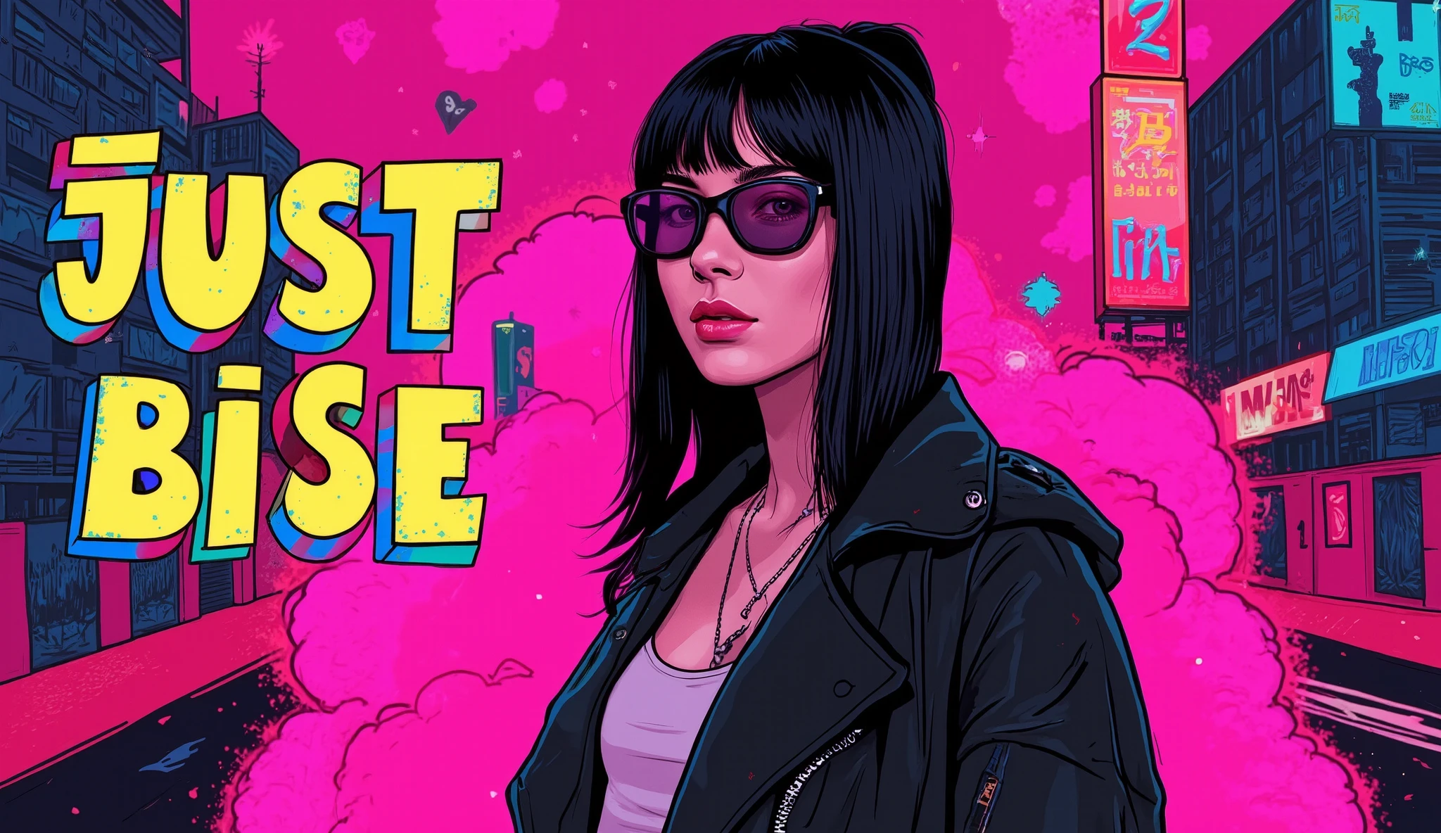 Stylish pop illustration of a trendy 20-something girl wearing glasses, embodying a Tokyo Funky Hip Hop vibe. The girl sports a confident, subtly rebellious expression and is positioned slightly off-center to the left, facing three-quarters toward the viewer with her head gently tilted. She wears modern streetwear that fuses lofi aesthetics with vibrant neon Tokyo influences. The background blends abstract urban graffiti with a neon-lit Tokyo cityscape, creating a striking contrast against her cool, contemporary style. Bold, flat colors and dynamic lighting highlight her features, resulting in an innovative, eye-catching composition designed to attract clicks from international audiences, including viewers from America, Brazil, and France