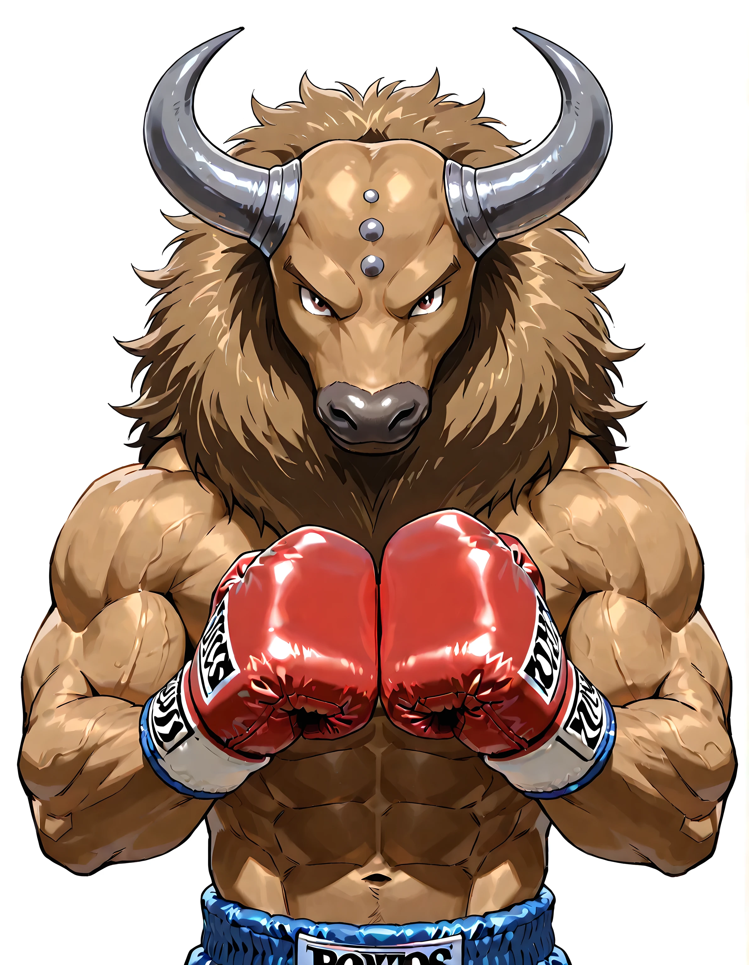 tauros, high quality, male, solo, white background, no background, looking at viewer, posing, half body, muscular, wearing boxing_gloves, pov_boxing, boxing posture, boxing stance, front view,