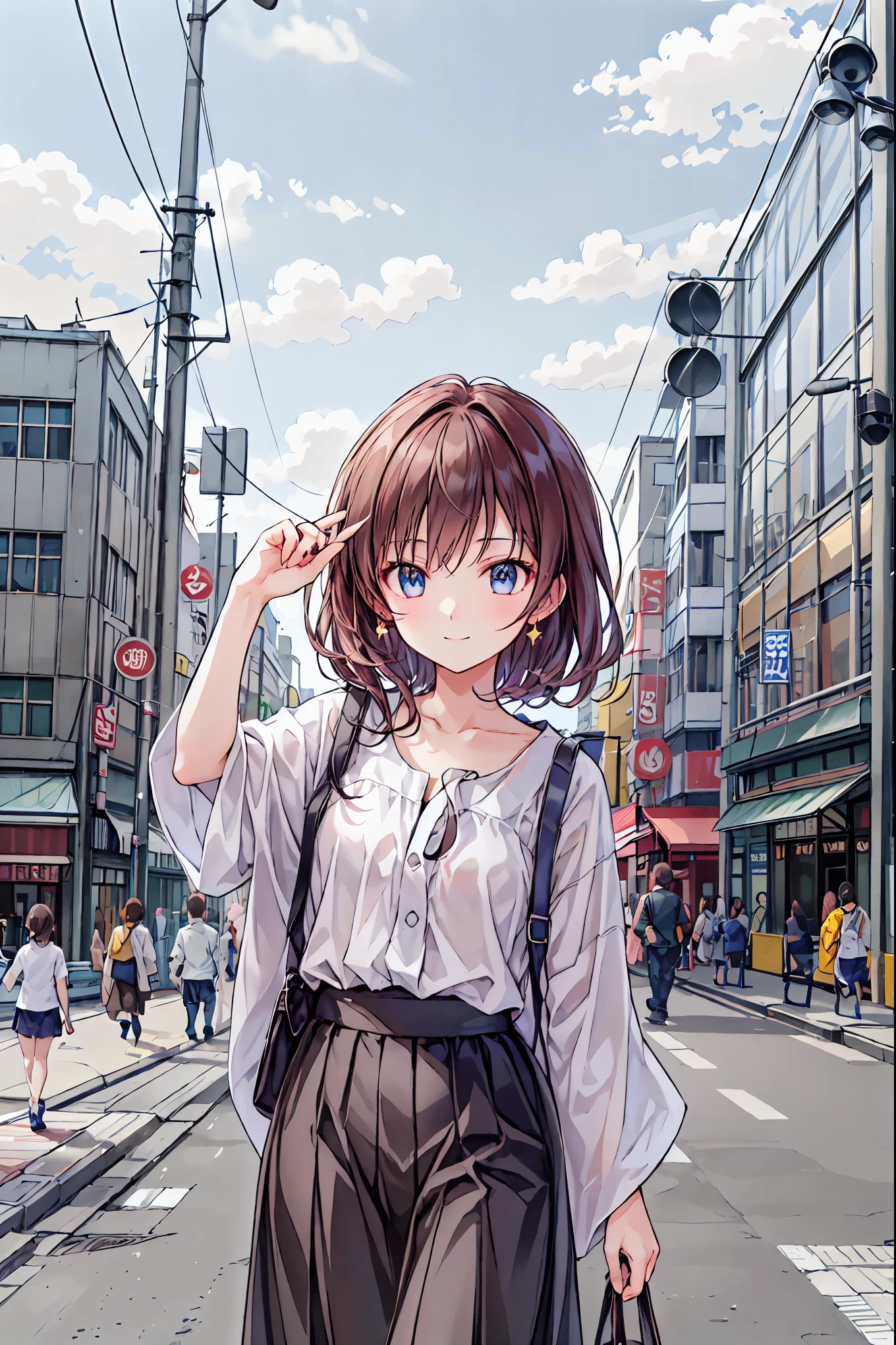((masterpiece)), ((TOP QUALITY)), ((TOP QUALITY)), (( super detailed)), ((8k CG wallpaper)), ((very delicate and beautiful)), ((figure)), (high resolution), girls on the left、((( Tokyo の風景)))、((( Tokyo タワー))),Around town, Hair,shortcuts, unkempt hair with an opening,Short braided hair,Neat, slender beautiful woman, correct posture,Small chest,beautiful legs, enchanting gray-blue eyes shine like stars, droopy eyes , bright colors, beautiful eyes,繊細なsmile,Textured Skin, Best Quality at its Best , gentle and beautiful woman , anime style、ー、smileでピースサイン、Contrasting bangs, Highlights、 fluffy、All hairstyles、、smile、cute、 photorealism, Tokyo , Tokyo のビル街, Tokyo タワーが見える, Urban Streetscape,