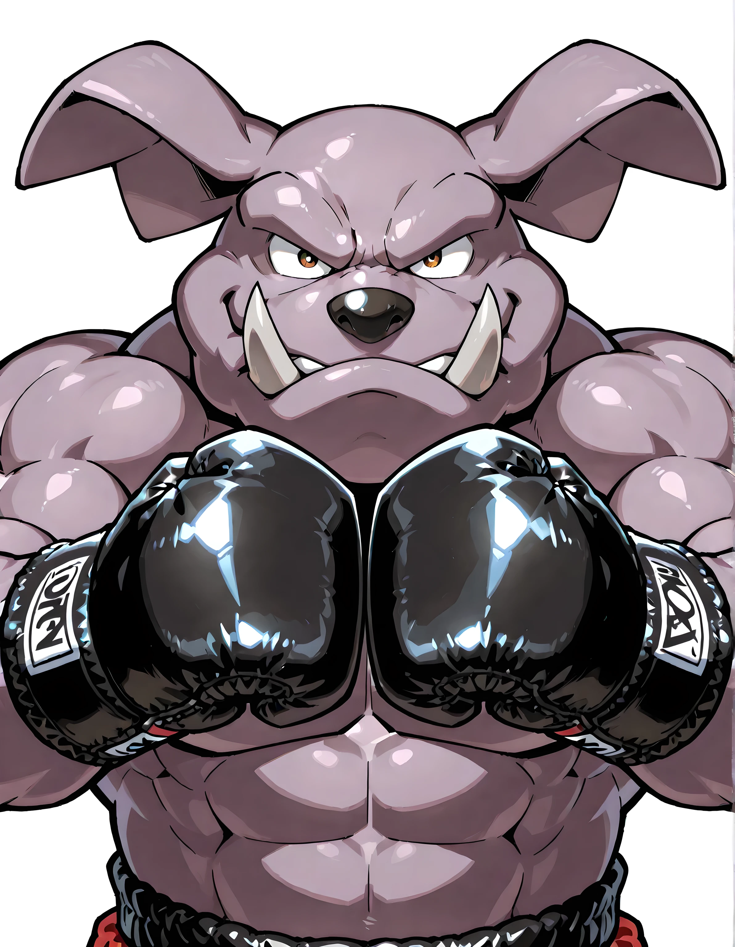 granbull, high quality, male, solo, white background, no background, looking at viewer, posing, half body, muscular, wearing black boxing_gloves, pov_boxing, boxing posture, boxing stance, front view,