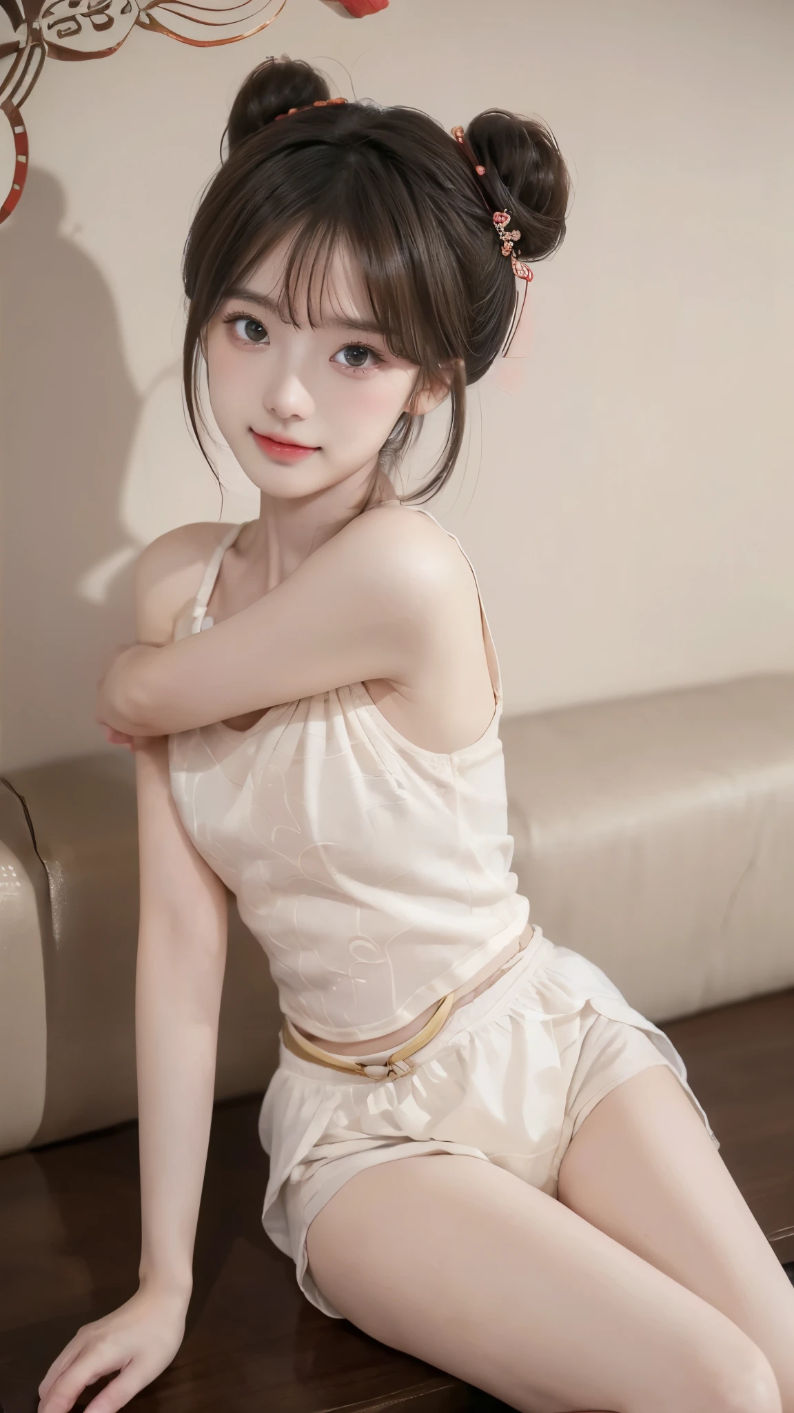 masterpiece, 8k, RAW photos , TOP QUALITY, (( slender girl )), (()), tank top、(Emphasized breasts:1.2、Upward bust)、( small nice ass、 sexy ass 、beautiful hip line)、( detailed legs:1.2, thin thighs:1.3, beautiful feet:1.2)、(High Knee Socks), ( detailed hands:1.3, perfect right hand:1.3, fine fingertips down to the smallest detail:1.2)、( Detailed Eyes and Faces :1.2, Professional Shooting Techniques ), ( beautifully shaped crotch:1.2), (cute character pattern underwear:1.5), (cute bun hairstyle:1.4, Chinese style hairstyle :1.5), (tight waist:1.3), (looking at the camera:1.2, Playful expression:1.5), ((The expression of first love)), (Detailed arms:1.2)