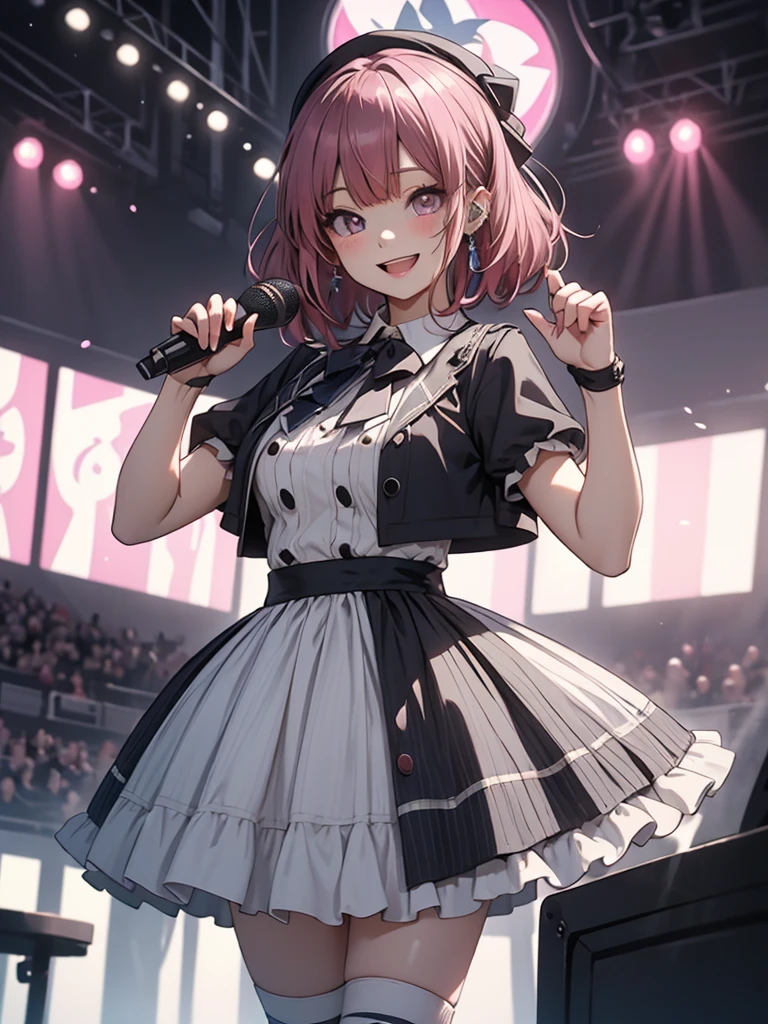 masterpiece、Soft Focus , Bright gradient watercolor、Tabletop, High resolution, 8k, Anime Women, Delicate and detailed writing 、Detailed digital illustration、high resolution, high quality、Detailed Background、Close-up photo、(((Two arms、Four fingers, One thumb)))、Detailed female face、Accurate Fingerasterpiece:1.2)、highest quality、High resolution、unity 8k wallpaper、(figure:0.8)、Highly detailed face、Perfect lighting、Highly detailed CG、(Perfect hands、Perfect Anatomy)、
One Girl、Looking at the audience、
Beautiful pink eyes、purple hair bun、Plump and glossy lips、Heart-shaped choker、Idol、
purple IDOL costumes、Short skirt、Drape clothes、gem、The decoration has been removed、Floral、Lace trim、On a glittering stage、Showing affection to the audience、Uplifting、Sweat gushing forth、Singing on a microphone