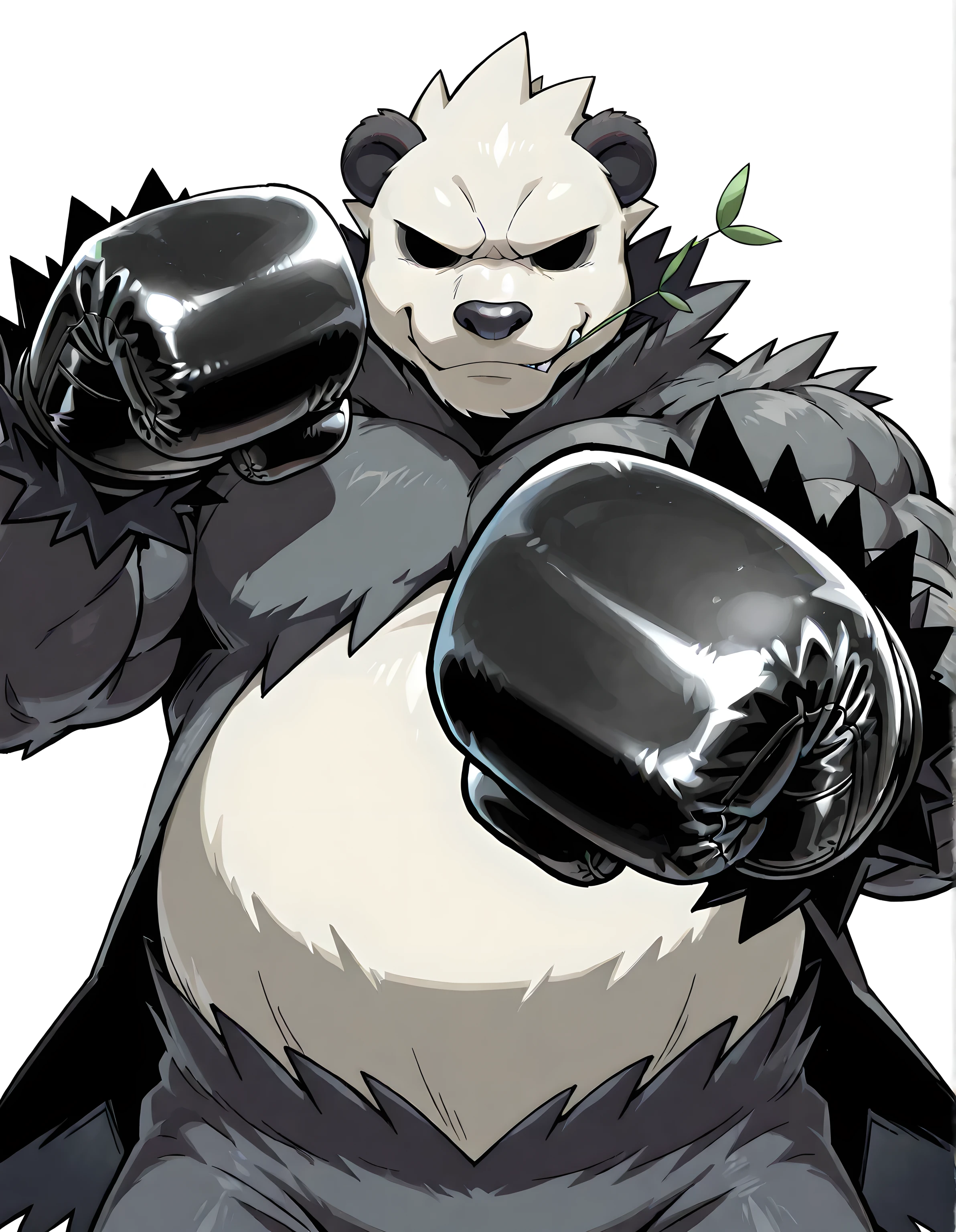 pangoro, high quality, male, solo, white background, no background, looking at viewer, posing, half body, muscular, wearing black boxing_gloves, pov_boxing, boxing posture, boxing stance, front view, mouth hold