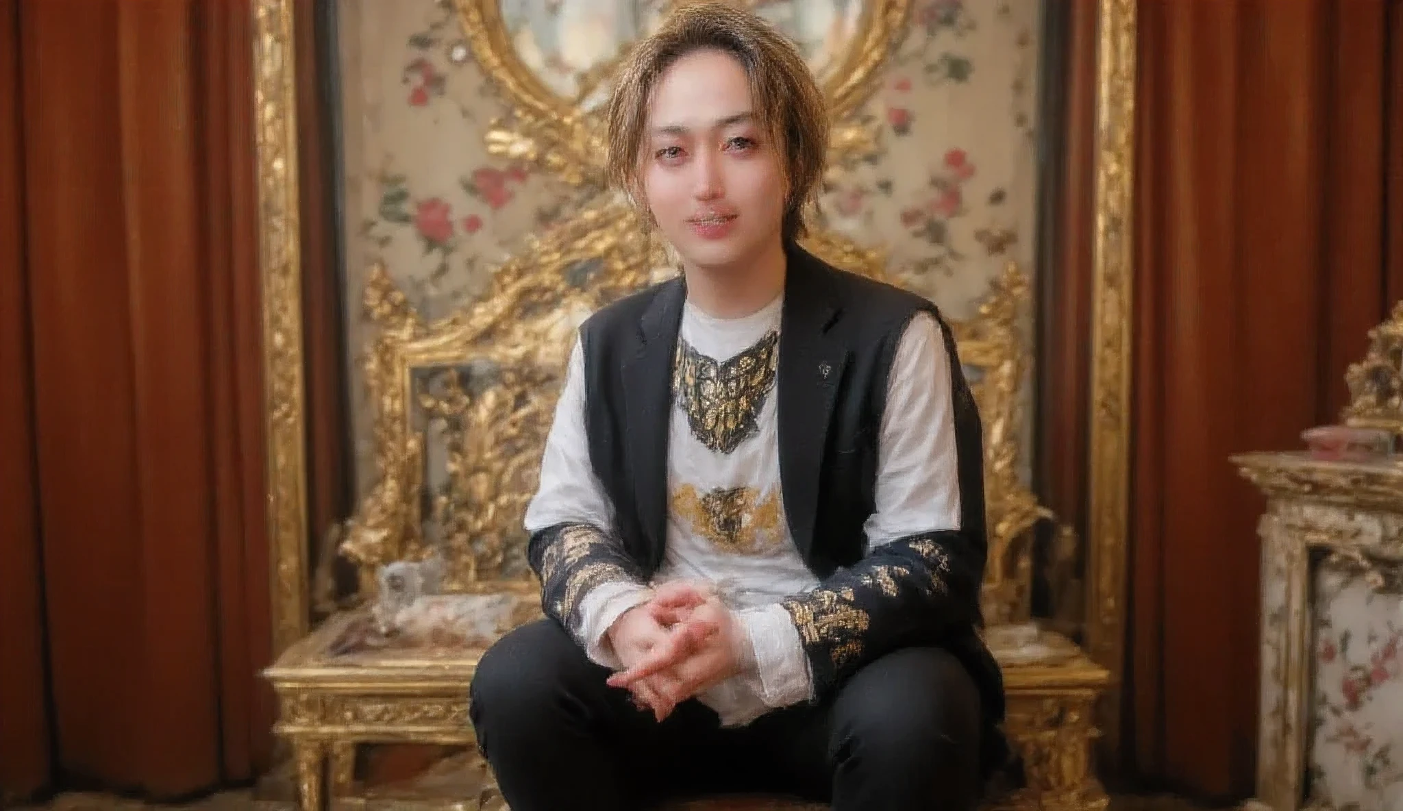 handsome Japanese man, palace, luxurious background, king’s attire, no beard, high resolution, sharp face, glaring, standing, radiant, realistic image, blond hair