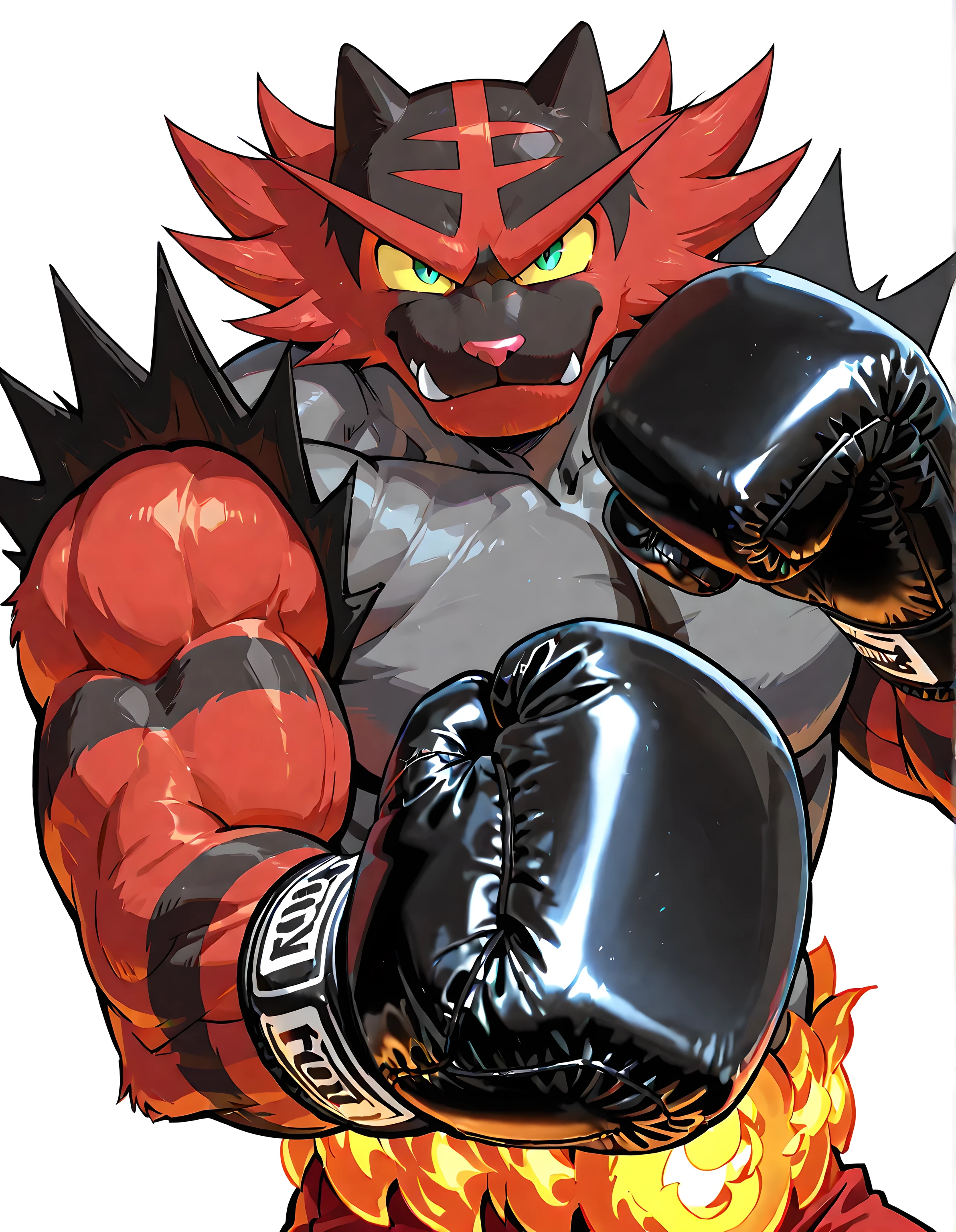 incineroar, high quality, male, solo, white background, no background, looking at viewer, posing, half body, muscular, wearing black boxing_gloves, pov_boxing, boxing posture, boxing stance, front view,