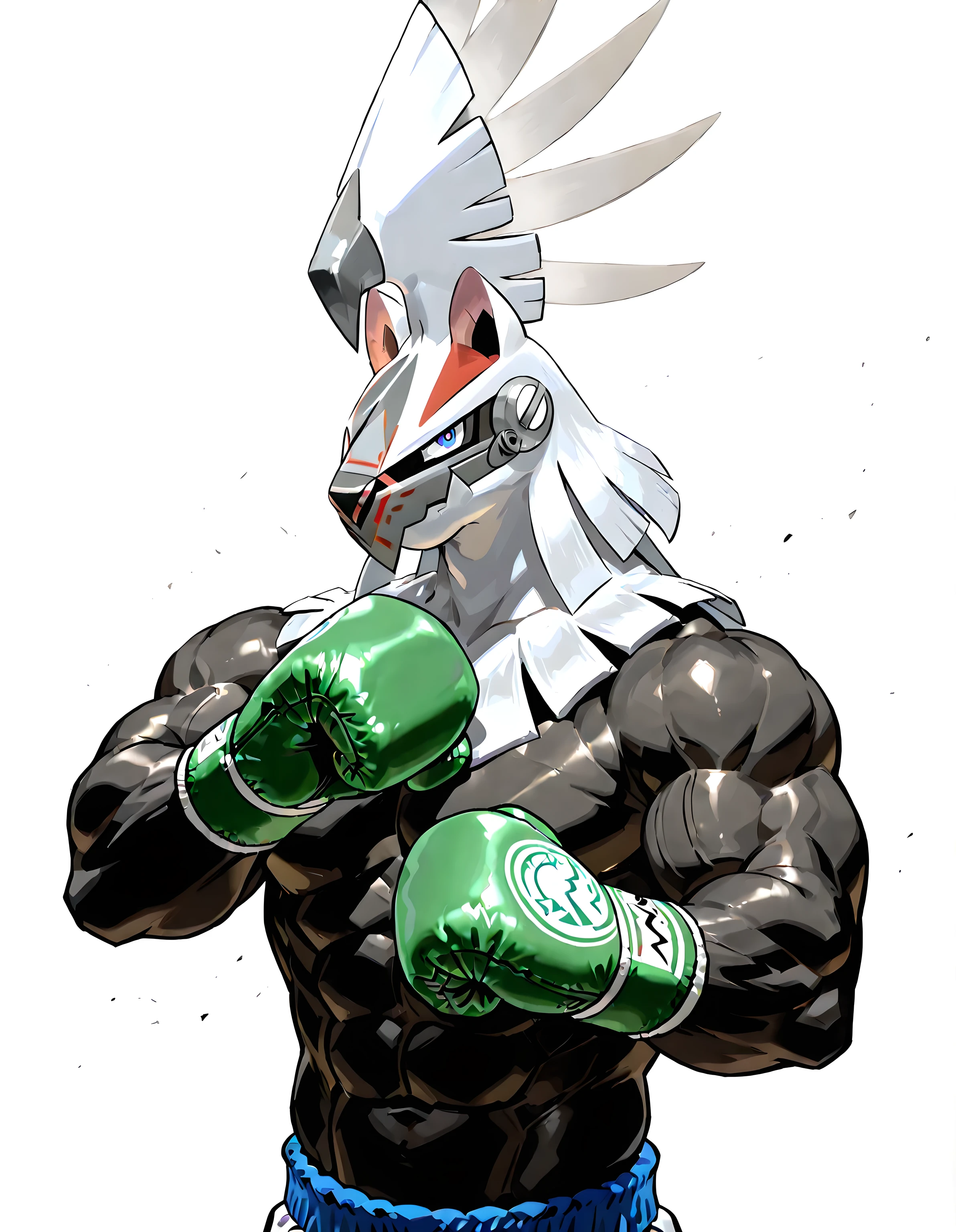 silvally, high quality, male, solo, white background, no background, looking at viewer, posing, half body, muscular, wearing green boxing_gloves, pov_boxing, boxing posture, boxing stance, front view, black body