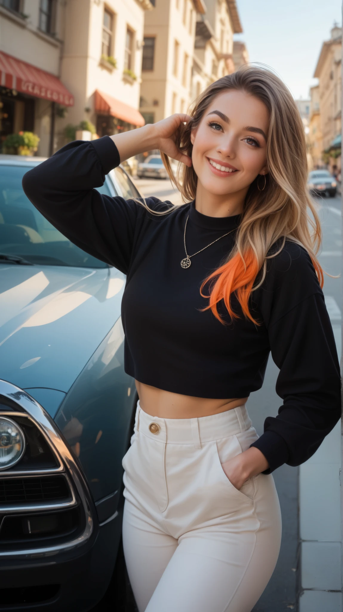 " A young and elegant woman with long hair , smooth and vibrant in orange-red color. She has skin Clear and expressive eyes in a shade of honey or light brown. Your face is delicate, overhangs with well-defined traits, arched eyebrows and a light smile on her lips.
She is wearing a tight black sweater, high throat, combined with pants that follow the same dark tone, highlighting the contrast with her vibrant hair. Her posture is natural and confident , with a slight inclination to one side or a hand in the pocket, transmitting elegance and charm .
The background scenery is slightly blurred , suggesting an outdoor environment or inside a car with large windows, letting in the late afternoon light. The lighting is soft and natural, highlighting the contours of the face and reflecting in the eyes, creating a cozy and captivating effect.
The style of the image must be realistic and detailed , focusing on the texture of And in facial expressions. The framing should show her full body, with an emphasis on harmony between colors and modern and sophisticated aesthetics."