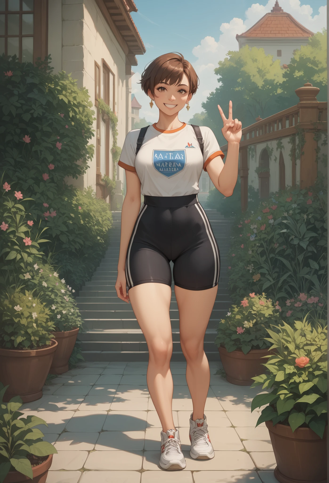 (masterpiece), (best quality), (highest quality), (highres), (absurdres), (extremely detailed), perfect face, (masterpiece), best quality, perfect face, perfect body, anime, 1girl, solo, masterpiece, best quality, detailed, full body image, young woman, smiling at the camera, sporty clothes, earrings, making a v sign with her fingers, full body image, garden background, short brown hair, full body image, thighs and hips focus