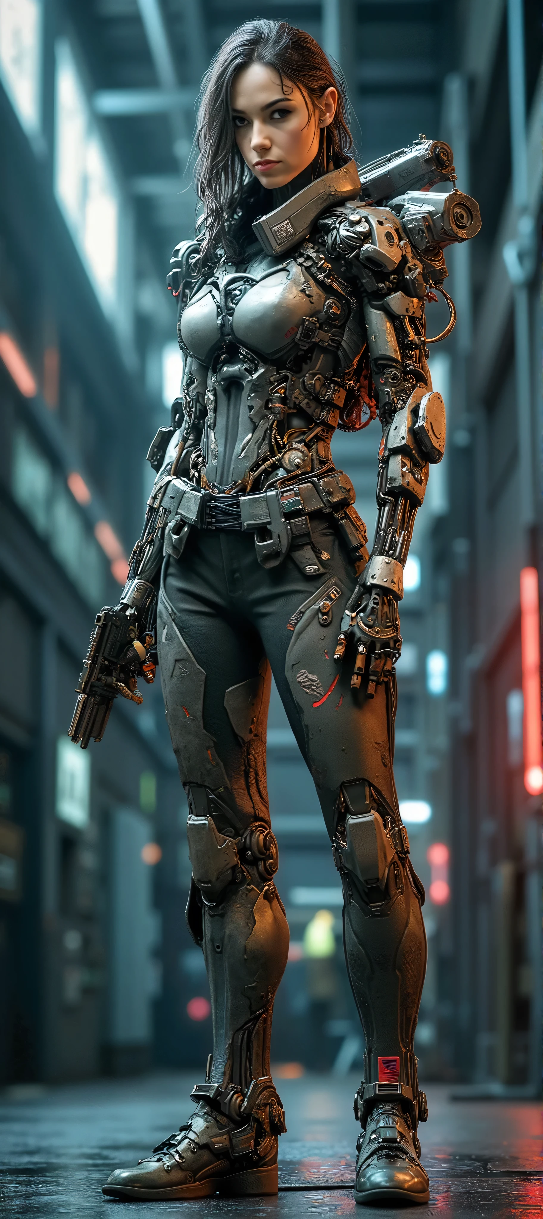 cyborg girl 、 full body shot 、(The movie Terminator movie style).So that the machine on the right foot can be seen、Lightning in the background