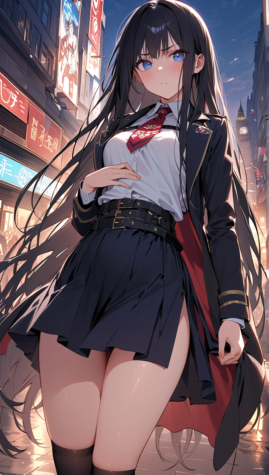 (Surreal)、(lamplight)、(A high resolution)、(8K)、(The content is very detailed)、(Best Best Illustration)、(beautidful eyes)、(quality)、(ultra - detailed)、(tmasterpiece)、(wall-）、（A detailed的the face）、solo、1 girl in、looking at viewert、Fine and detailed、A detailed的the face、In the darkness of the night、Depth shadows、low pitch、purebred face_v1、A smile、long、Black shawl straight hair、46 points oblique bangs,female student、(Brightly colored mini skirt,What about the lattice)、A smile, actual, realistically, hight contrast, photon maping, Authentic images, super detailing, low angles: 1.5, 1 girl, Alone: 1.5, pop star, Kaibo idol, dress up like k-pop, sexy for, Open your legs forward, Fancy makeup, blazer jacket: 1.3, short  skirt: 1.3,, high-heels, M-shaped open legs: 1.3, Open your legs 180 degrees, with an open crotch: 1.3, long brown hair, wet white: 1.5, You can see it from under the skirt: 1.3, Height 170 cm,ctextured skin