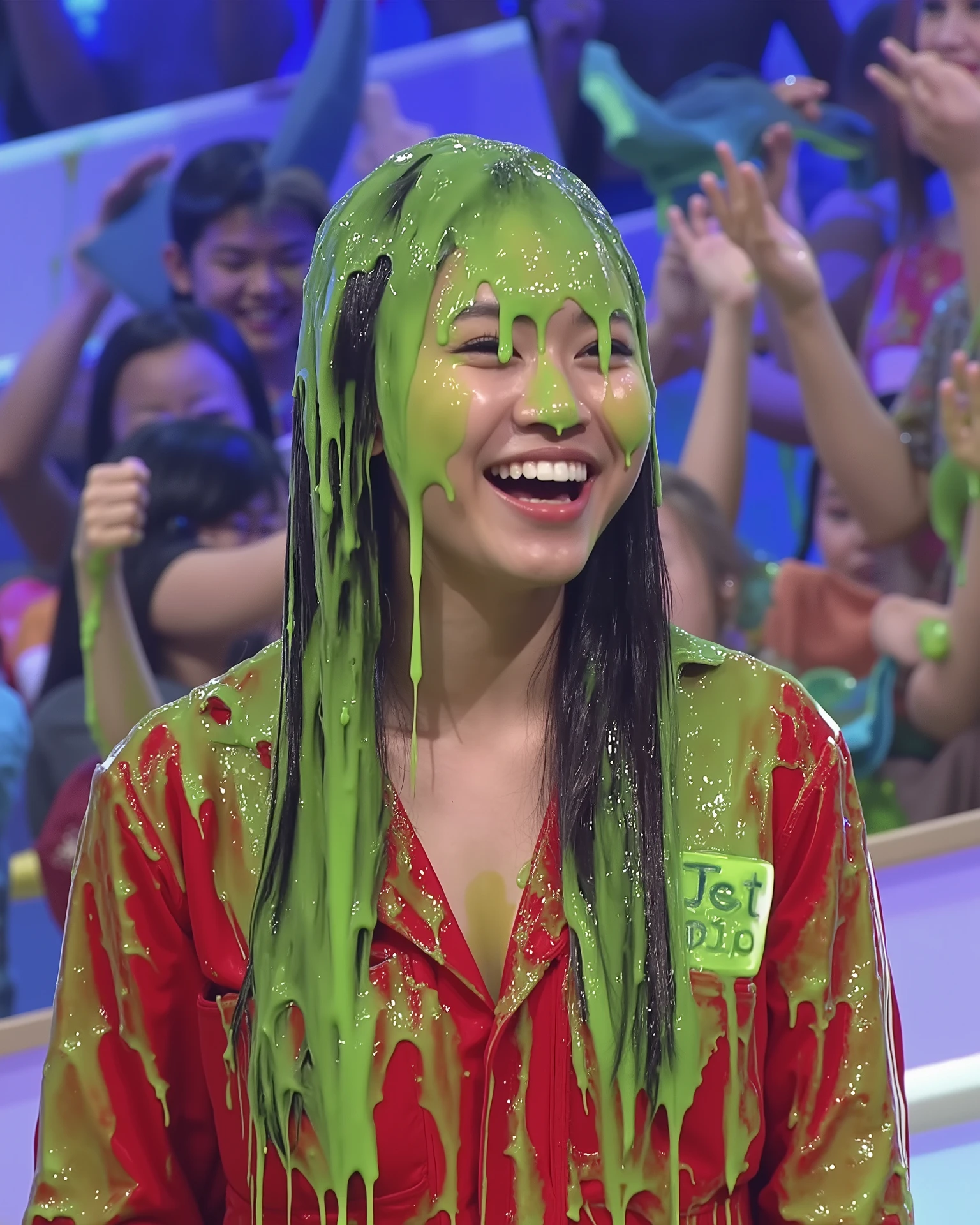 (raw photo:1.2), (photorealistic:1.4), beautiful detailed woman, super detailed, high resolution, best quality, natural skin, beautiful face, delicate eyes, she is covered in dripping slime, extreme realism, portrait photograph, sharp focus, inside game show studio, slime