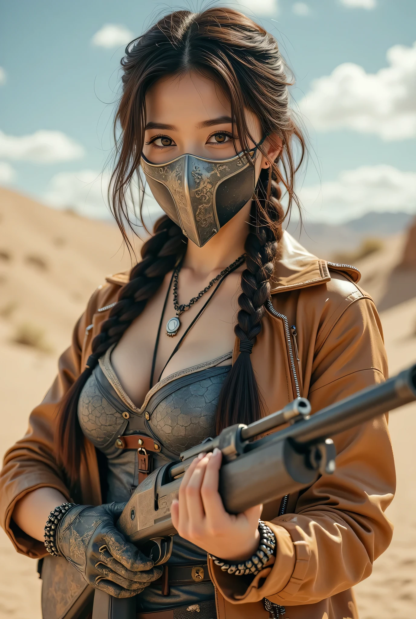 (8k, Top Quality Conversation , masterpiece), ( exists , photo exists : 1.37), very well detailed, one girl to rainbow , { Grid Girl with a Shotgun }, Wide angle , chest shaking a lot , Very delicate depiction , armor made with miniature paint , short braided hair , correct skeleton 、 chain armor , Guns with an Invisible Pattern 、 dreamy ,super existing mixed fantasy world looking at the camera with a sharp eye, a combination of exists elements and fantastic elements ( 渦巻く砂漠の砂 :1)、 Get ready to fight with a shotgun 、 complicated , a sharp , precise iron mask under her butt 、 A mixed fantasy world with a narrow gaze 、vintage leather jacket
