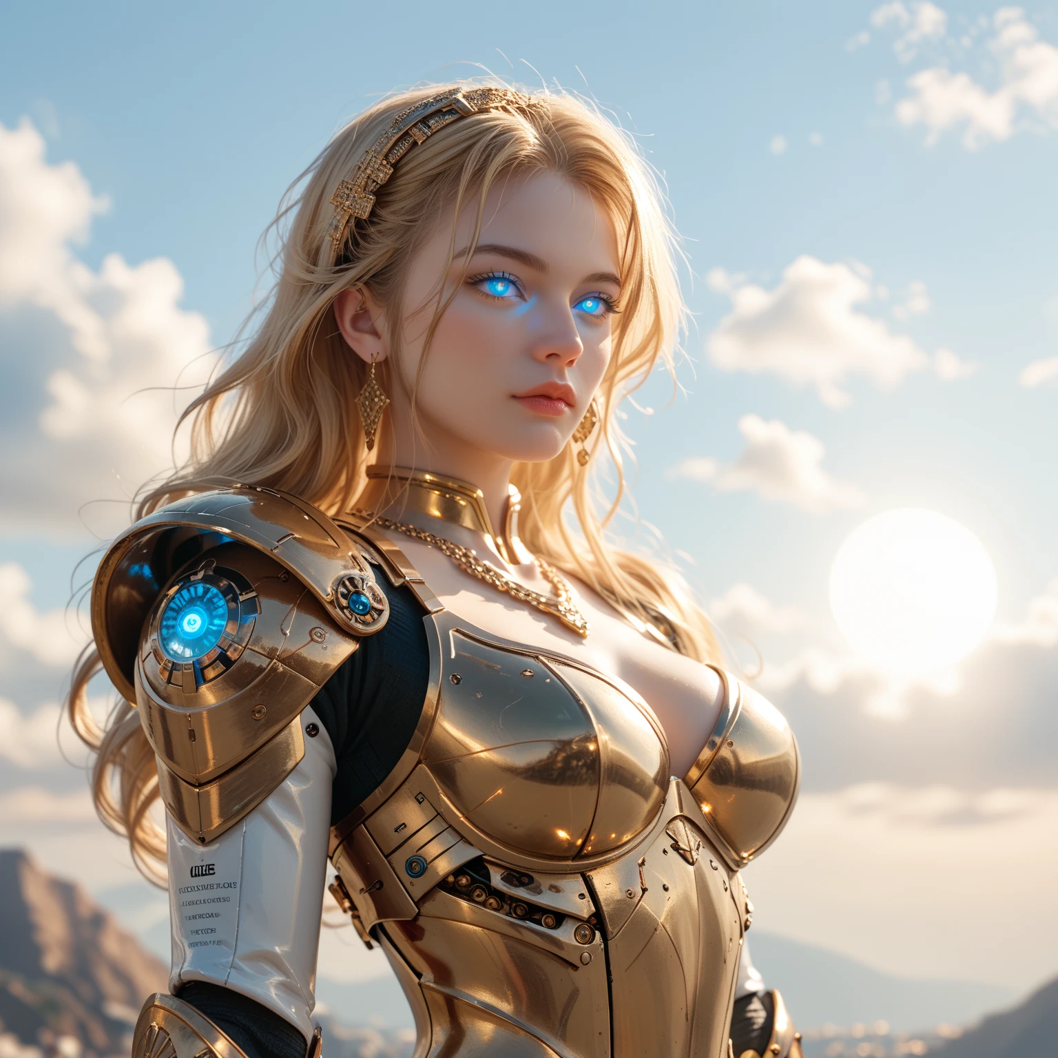 Rachel Brosnahan,blonde hair,Bangs,Ponytail,She is wearing a gold cloth dress., realistic skin, incredible light, ultra realistic,complicated, Sharp focus, Ray Tracing, rtx, Professional color grading, Professional photography, Masterpiece, very detailed, High quality, best quality, 4k, 8k, raw , regeneration of the skin, big breasts,She breast size is M cup, full body, she very sexy, she have perfect body, she so beautifully,She have good eyes,She is full of charm,close up,sky,She is at the top of the mountain.,mountain range,cliff,mountain,The sun shines,The sky is clear.,((Shiny metallic cybernetic body)) cyberpunk,Sci fi,technology,