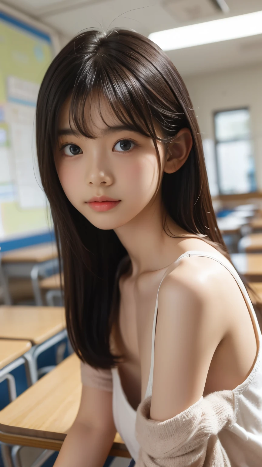 1 girl, loose chest camisole,shy,Long bangs,In the classroom