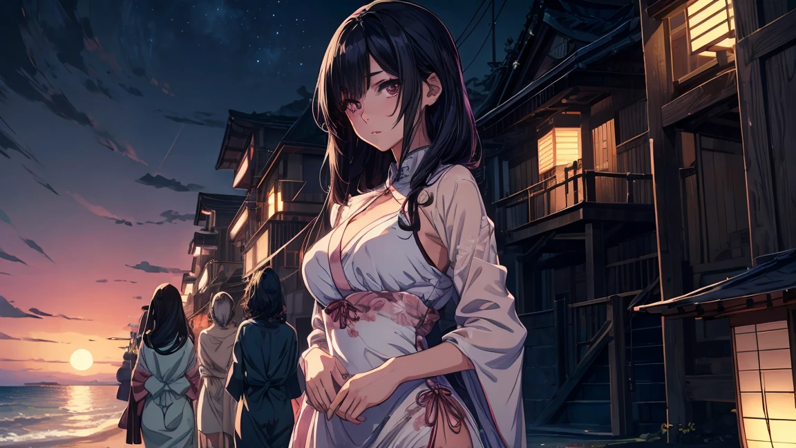 closed eyes: (narrowed eyes:1.3):11 ,Realistic, real person, (pale skin: 1.2), Side shot、upper body,RAW photo, photorealistic, shiny skin, shiny hair、 (A 25-year-old woman with straight hair and bangs) and (medium hair) and (black hair) and (purple eyes) , (purple:1.5) and (yukata)、Cleavage、 (embarrassed,blush:1.3),open mouth,The background is a Japanese-style corridor at night、（alone:1.5）